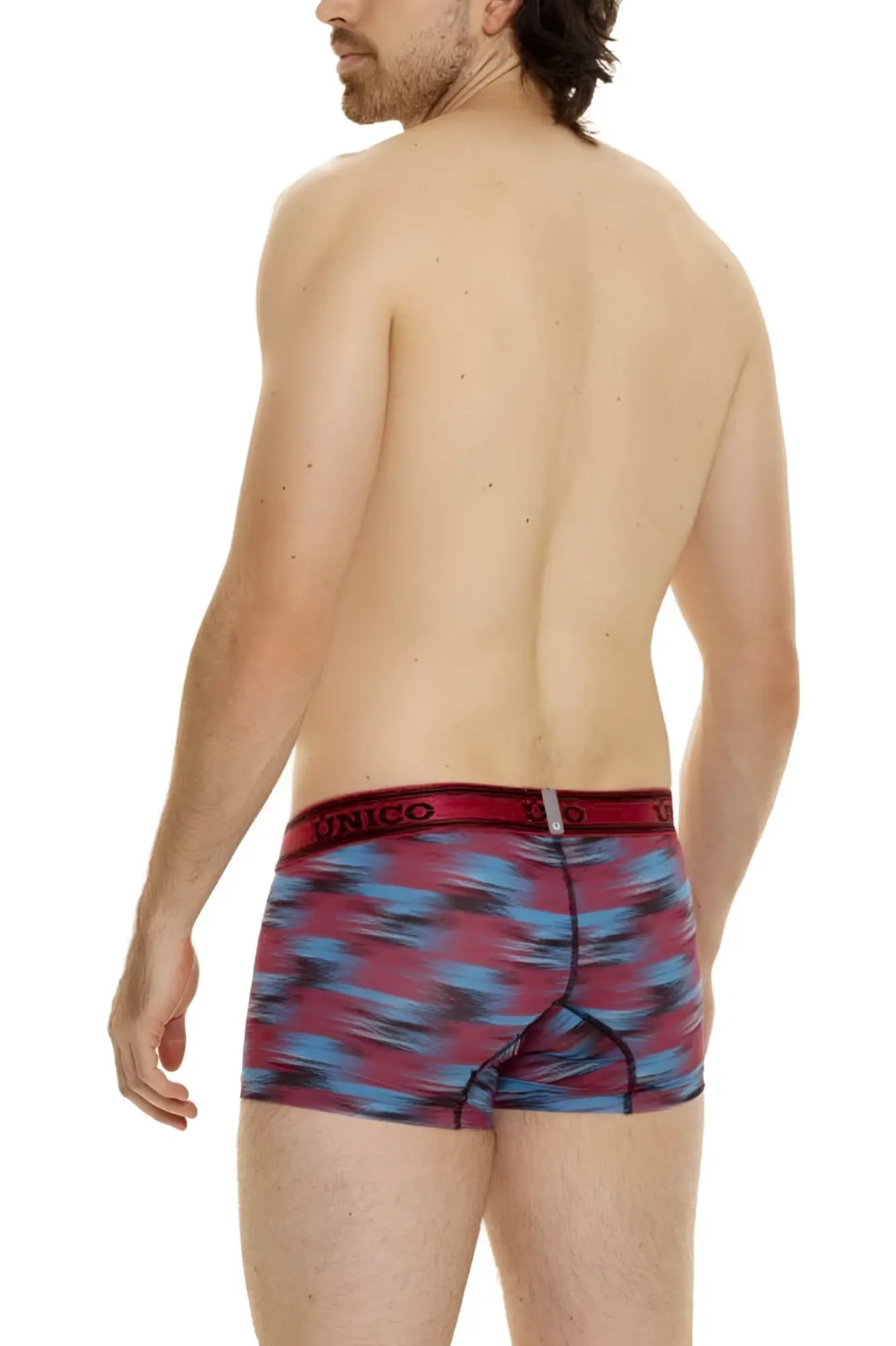 Men’s unico 24020100112 yute trunks boxer briefs with vibrant red and blue abstract pattern and matching waistband