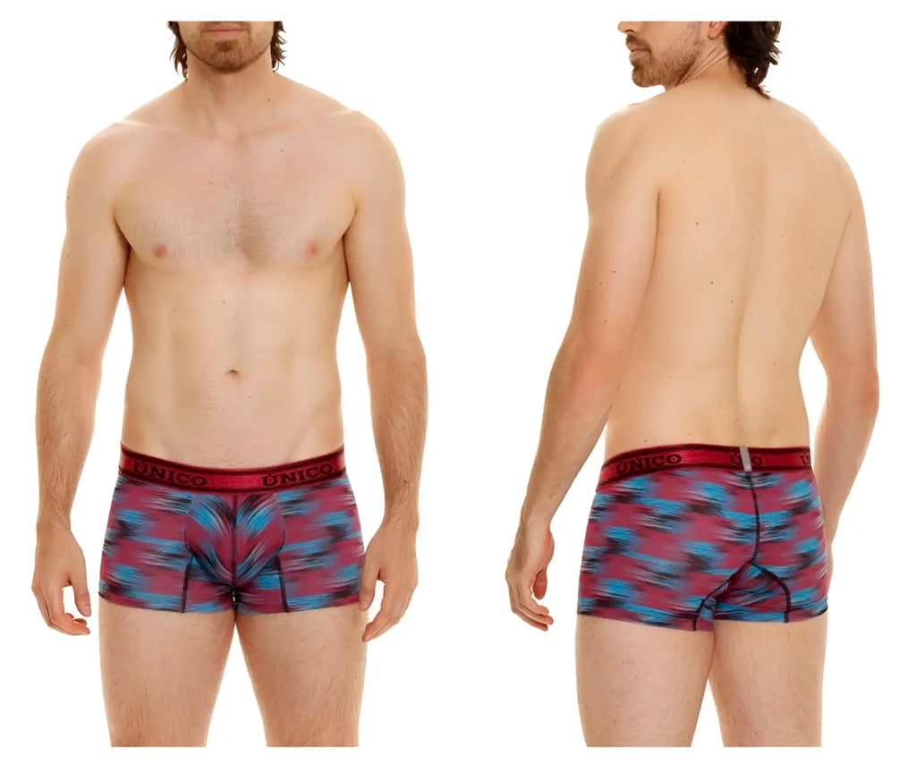 Men’s unico 24020100112 yute trunks boxer briefs with vibrant red and blue abstract pattern and logo waistband