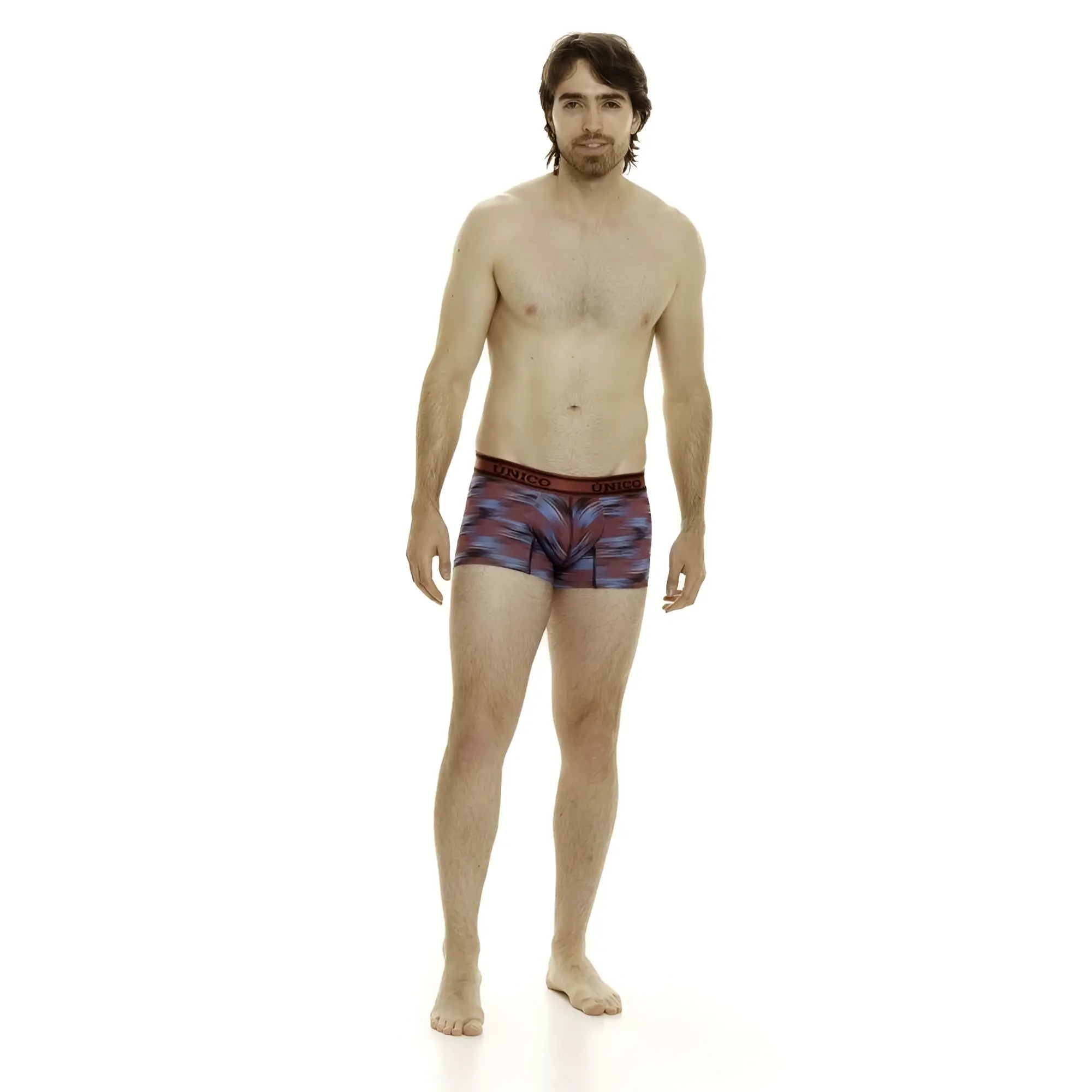 Men’s unico 24020100112 yute trunks in vibrant purple blue and red geometric pattern with dark waistband