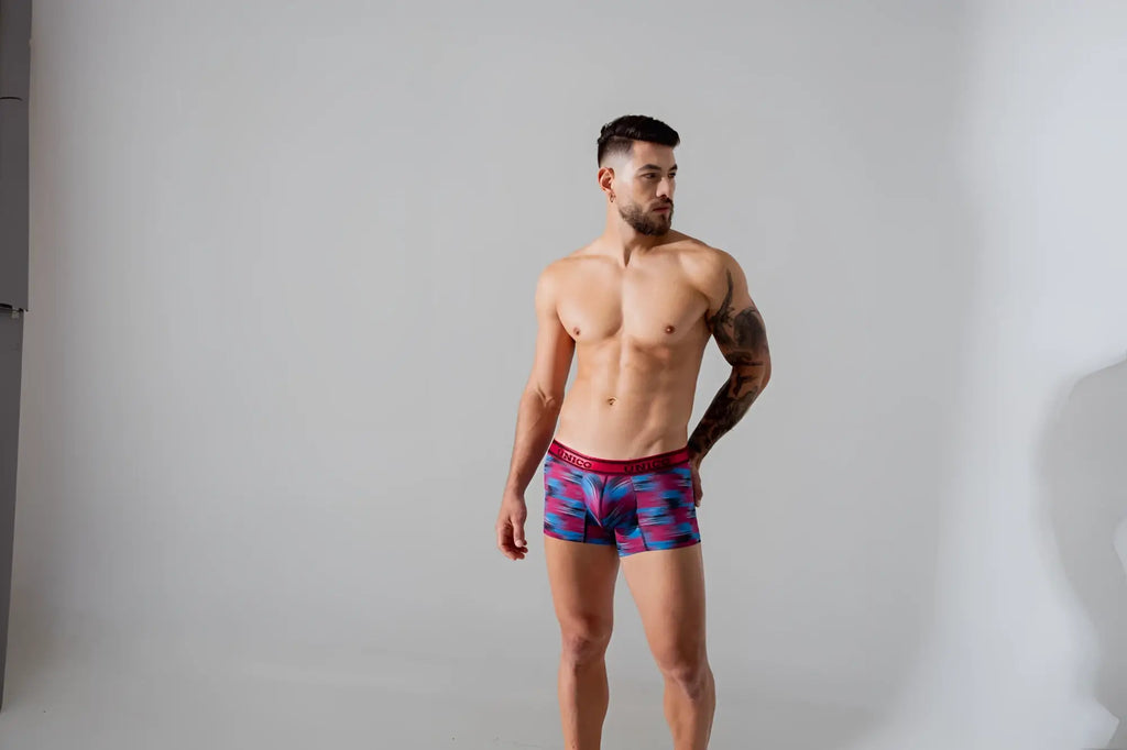 Men’s unic 24020100112 yute trunks boxer briefs with vibrant pink blue purple geometric pattern and red waistband