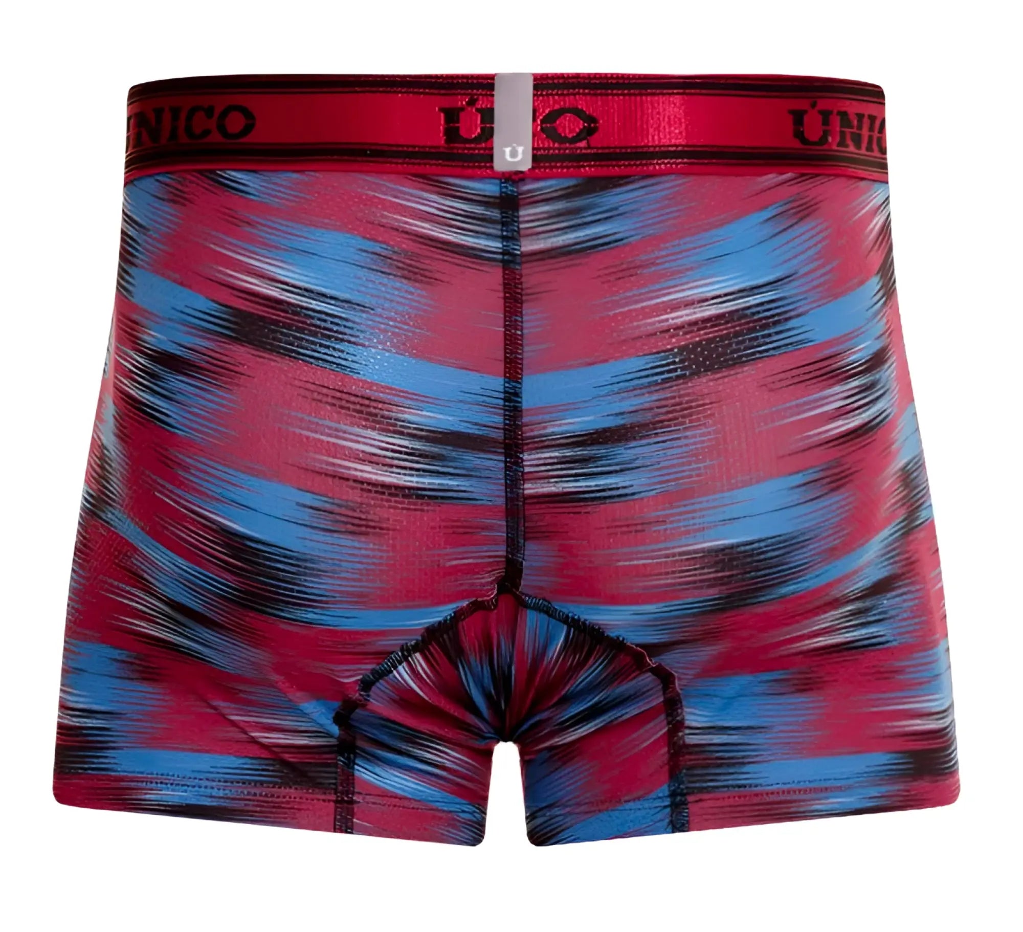 Vibrant red and blue abstract patterned yute trunks boxer briefs with black waistband featuring unico logo color 89 red