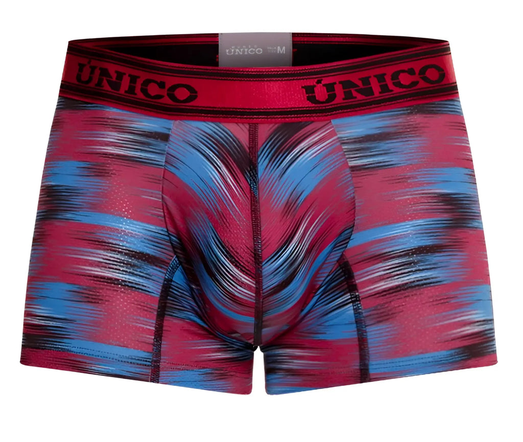 Vibrant pink and blue abstract patterned men’s yute boxer briefs with bold red unico waistband color 89-red