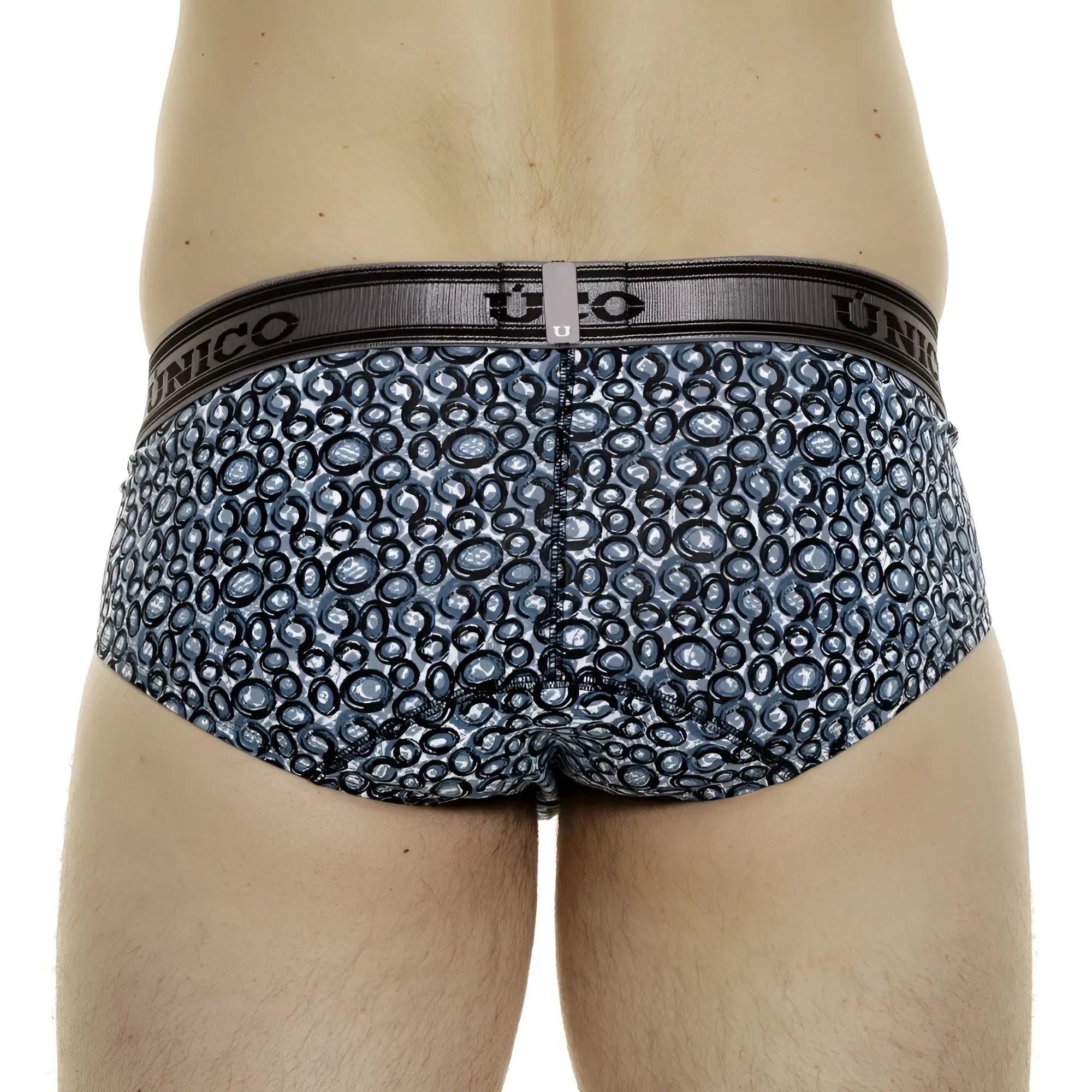 Blue and black circular patterned unico 24020101110 redondel briefs with gray elastic waistband for men