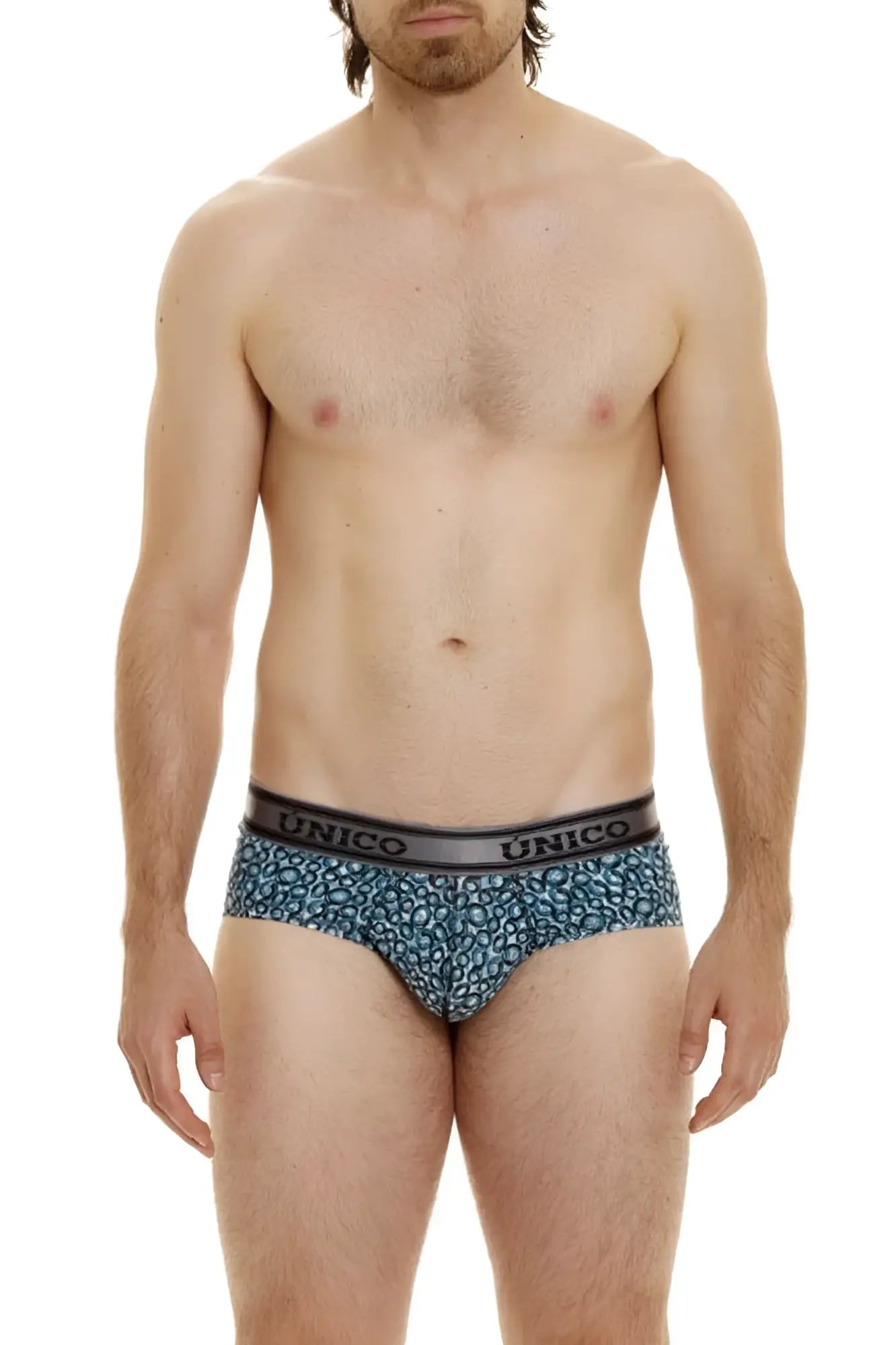 Blue leopard-print unico 24020101110 redondel briefs with black elastic waistband in color 46-blue