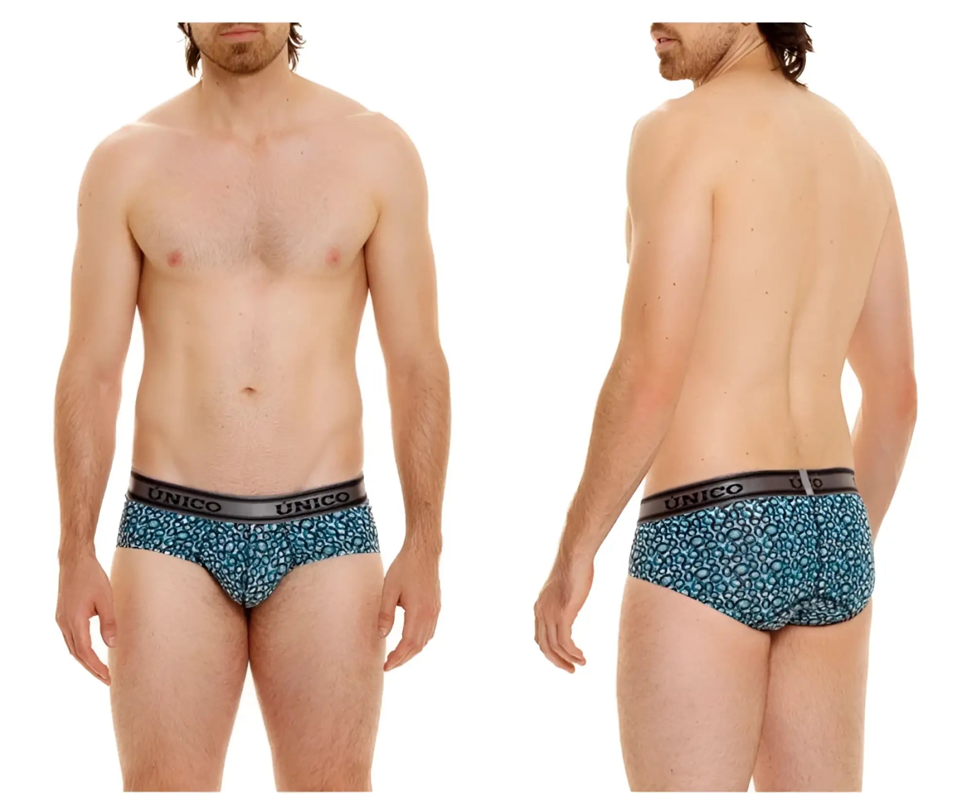 Blue leopard-print briefs with black elastic unico waistband in color 46-blue from unico 24020101110 redondel collection