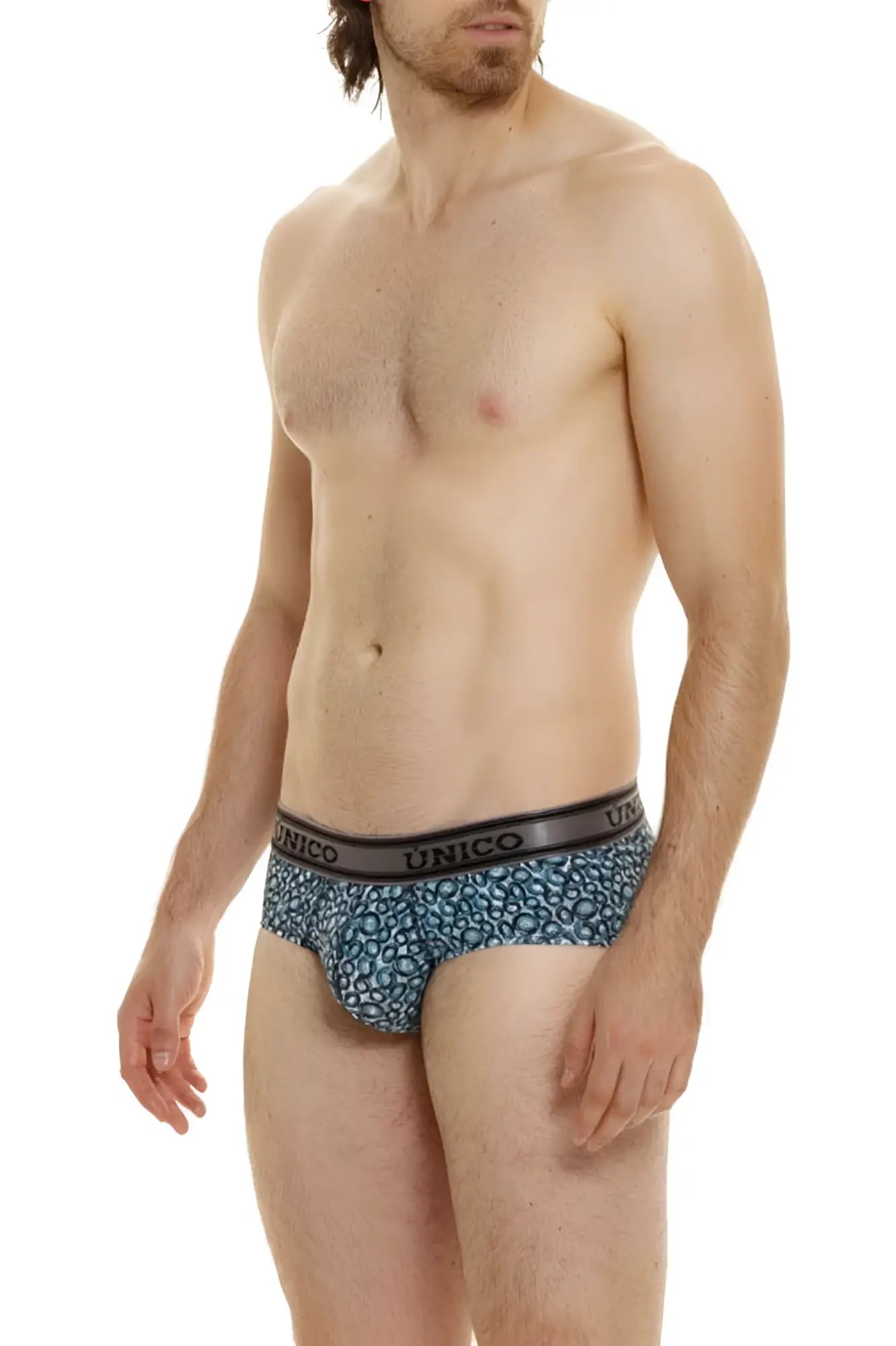 Blue patterned unico men’s redondel briefs with black elastic waistband in color 46-blue for comfortable wear