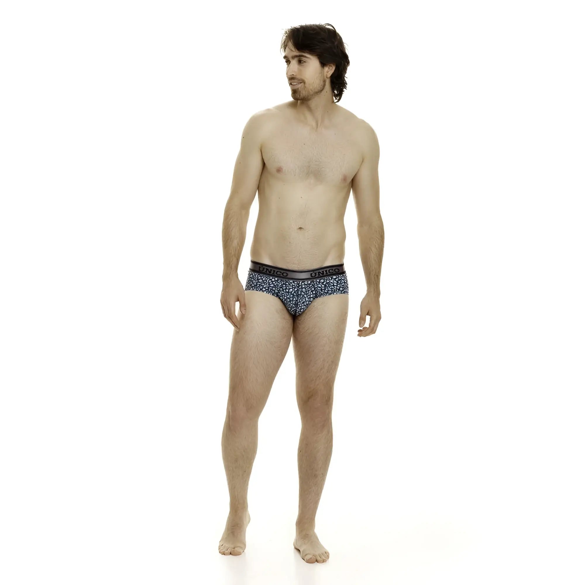 Blue patterned men’s Unico Redondel briefs with black waistband featuring the unisco brand name color 46 blue