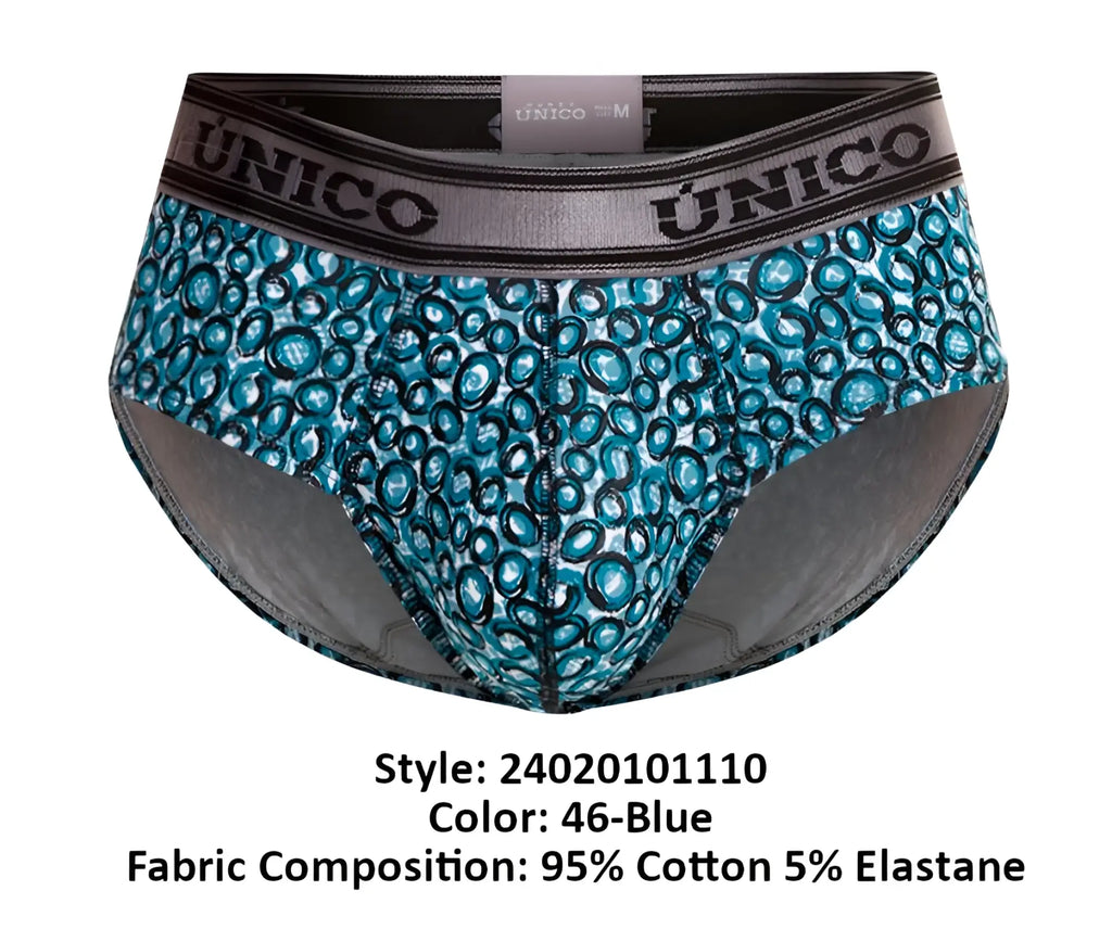 Blue patterned unico 24020101110 redondel men’s briefs with circular design and gray trim in color 46-blue