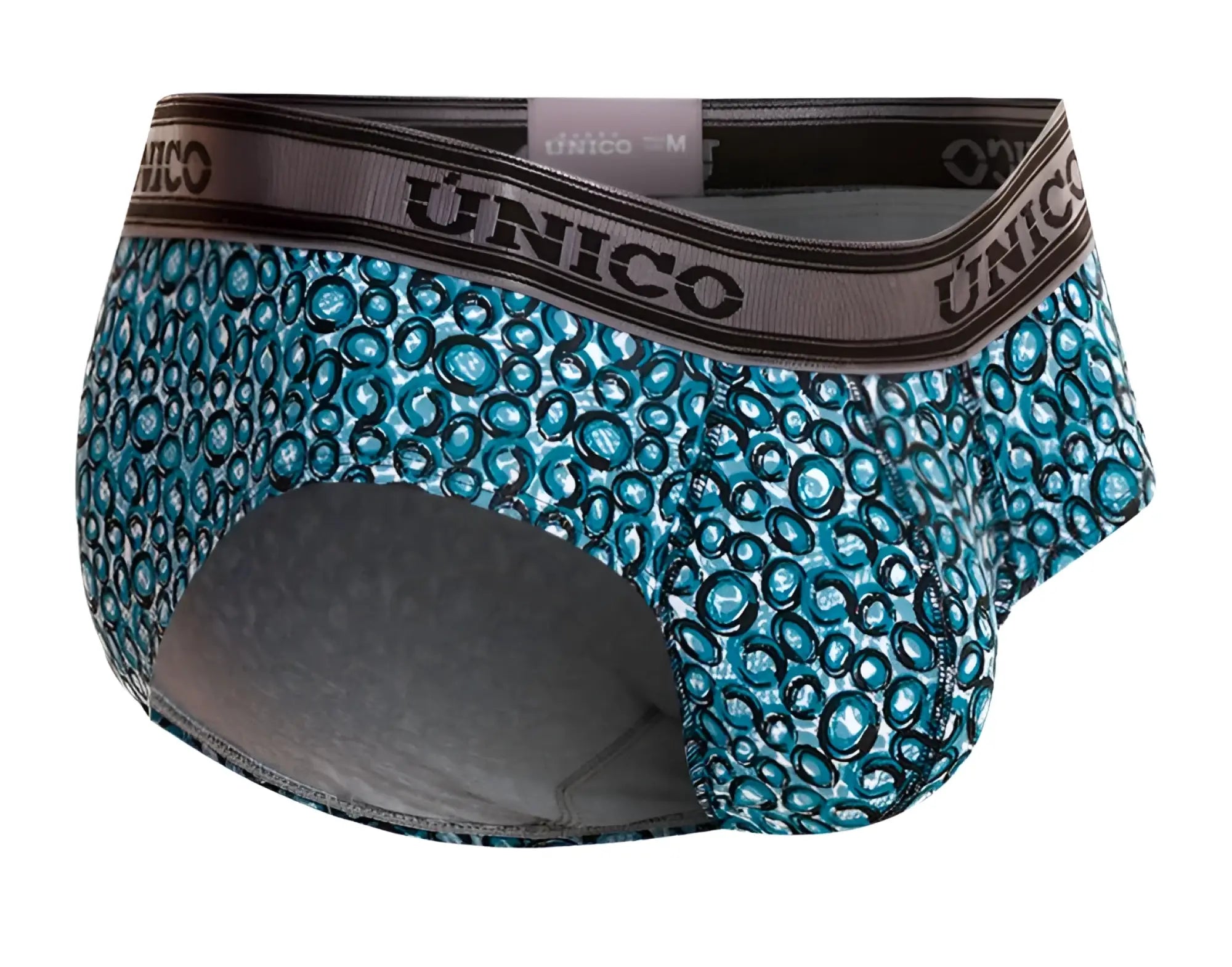 Unico 24020101110 redondel briefs in teal and black circular pattern with gray waistband for men