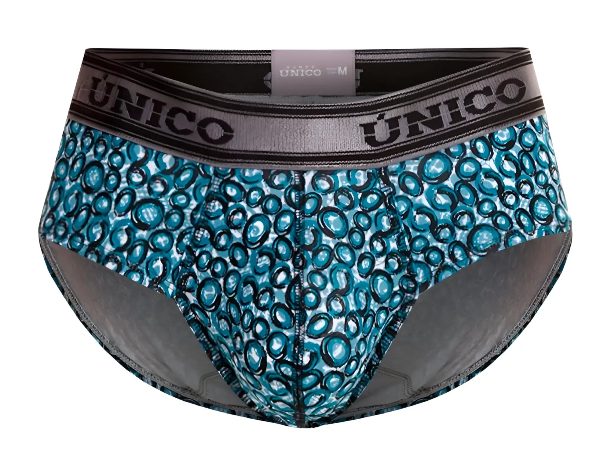 Unico 24020101110 redondel briefs in teal and black circular pattern with gray waistband for men