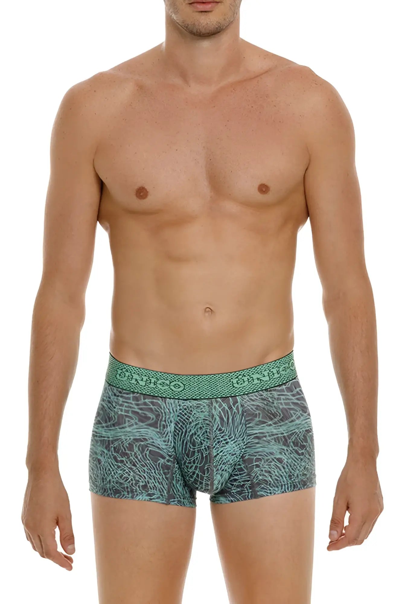 Unico 24080100105 Cairel trunks men’s boxer briefs in dark gray and teal patterned fabric with textured elastic waistband