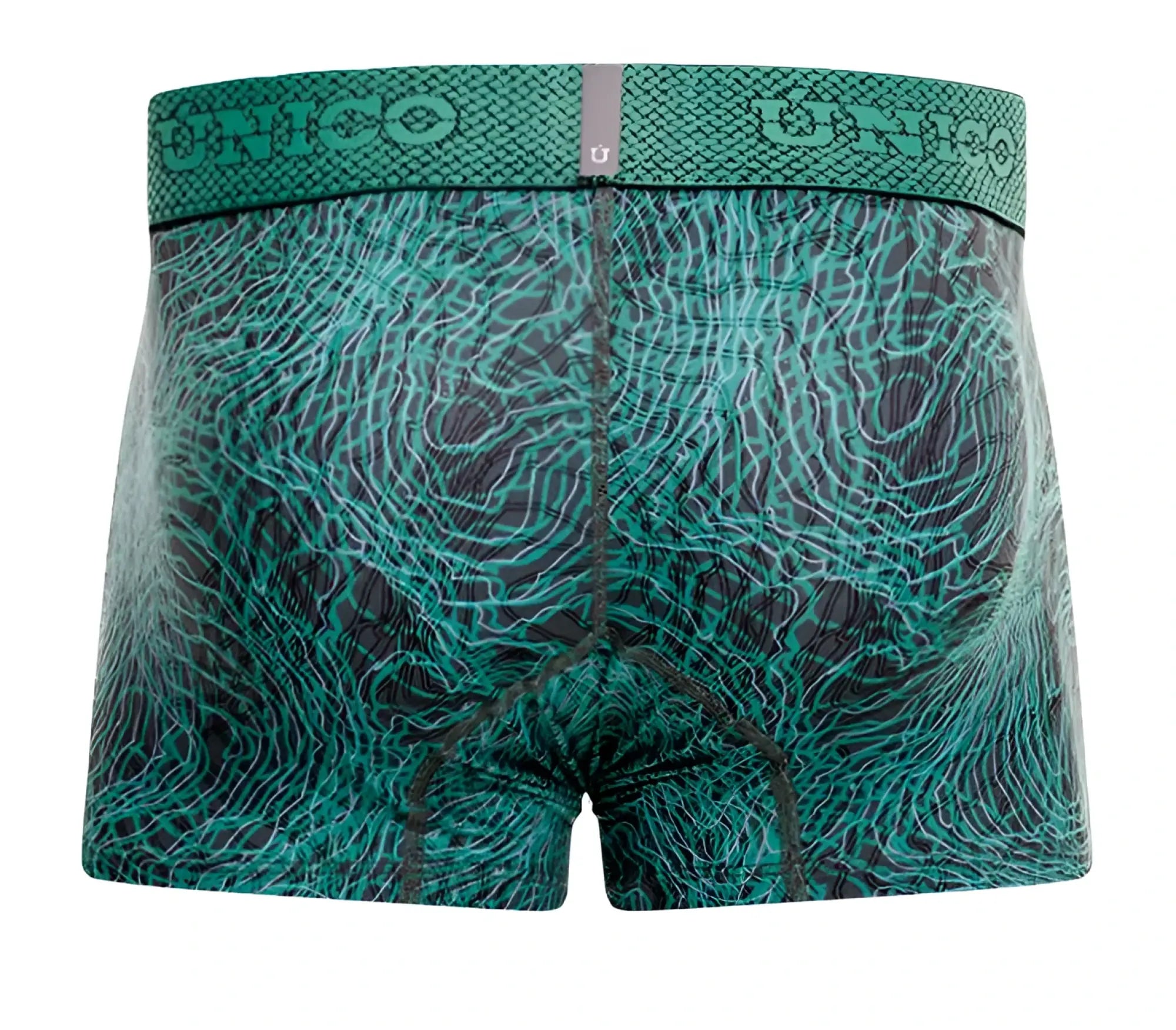 Unico 24080100105 cairel trunks men’s boxer briefs in teal and black with snakeskin textured waistband