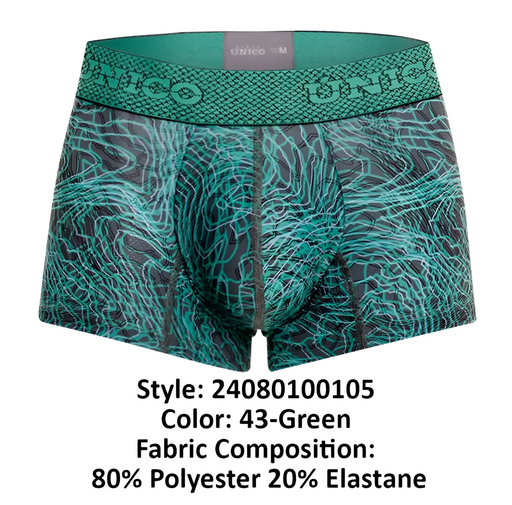 Unico 24080100105 cairel trunks men’s teal and black patterned boxer briefs with textured waistband color 43 green