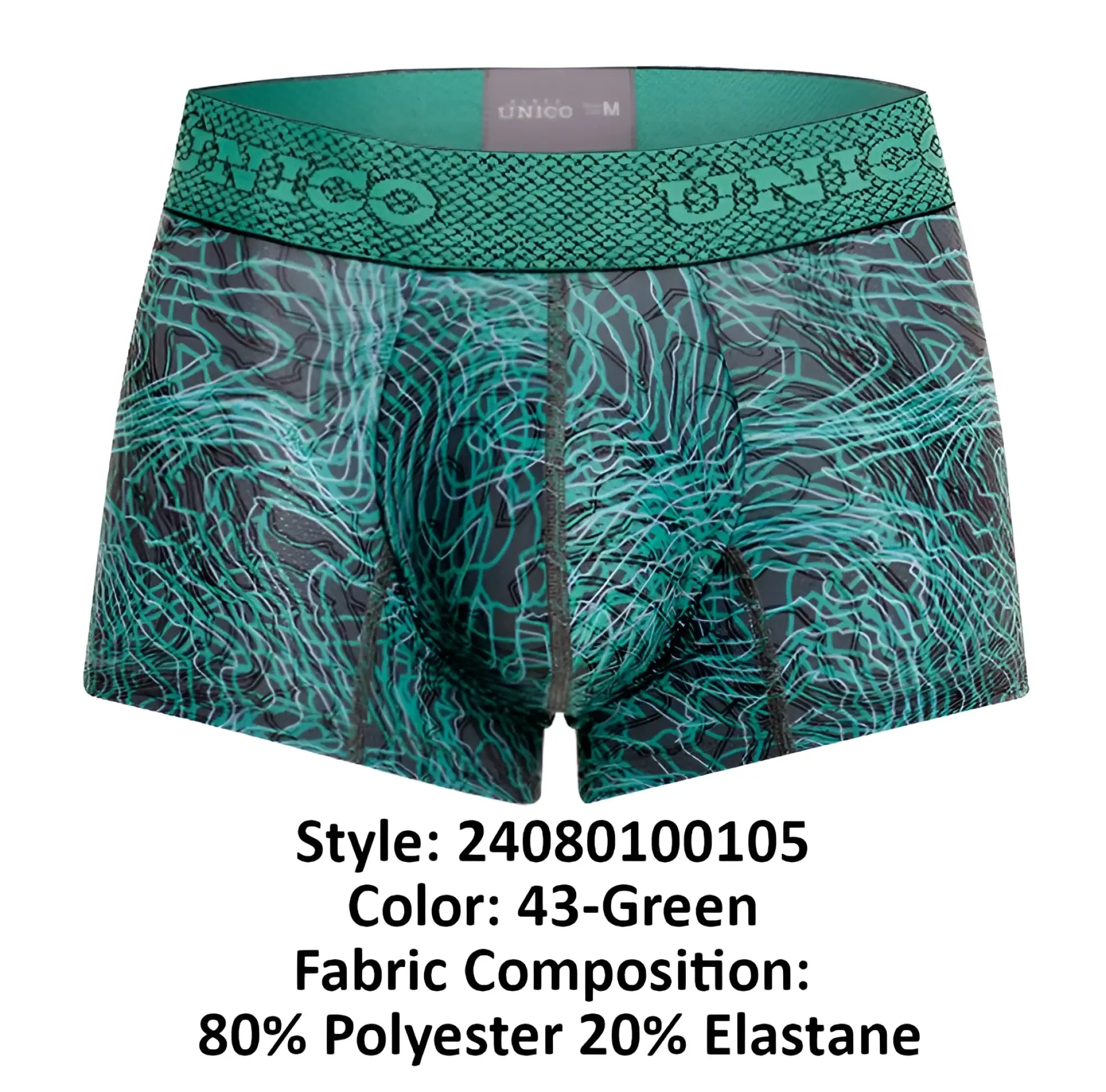 Unico 24080100105 cairel trunks men’s teal and black patterned boxer briefs with textured waistband color 43 green