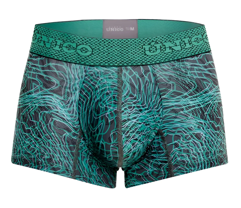 Unico 24080100105 Cairel trunks men’s teal and black patterned boxer briefs with textured waistband color 43 green