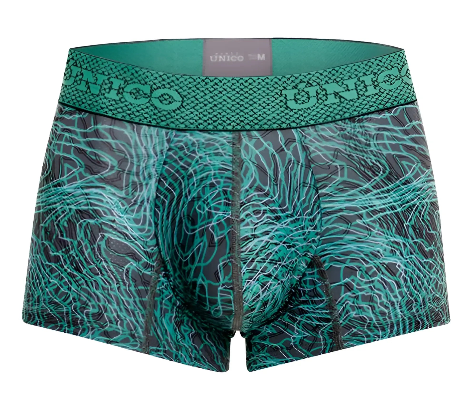 Unico 24080100105 Cairel trunks men’s teal and black patterned boxer briefs with textured waistband color 43 green