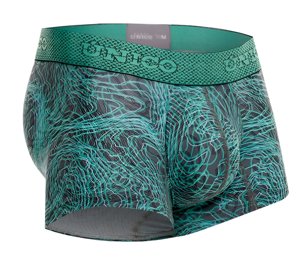 Teal and gray patterned Unico 24080100105 Cairel men’s boxer briefs with snakeskin-textured waistband in green