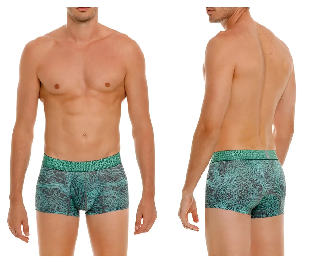 Teal and gray patterned unico 24080100105 cairel trunks with textured waistband in green for men