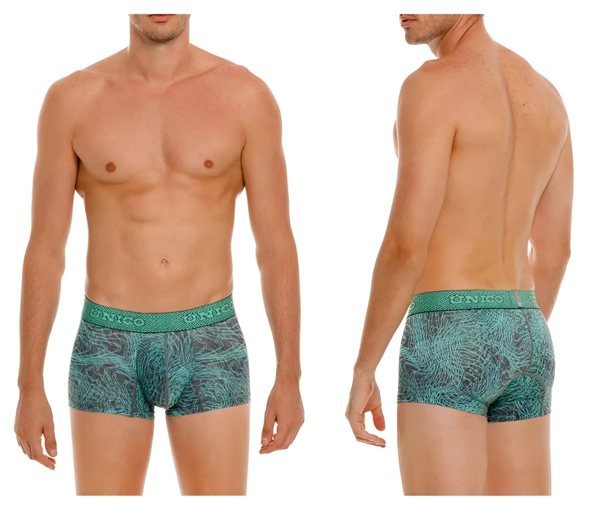 Teal and gray patterned unico 24080100105 cairel trunks with textured waistband in green for men