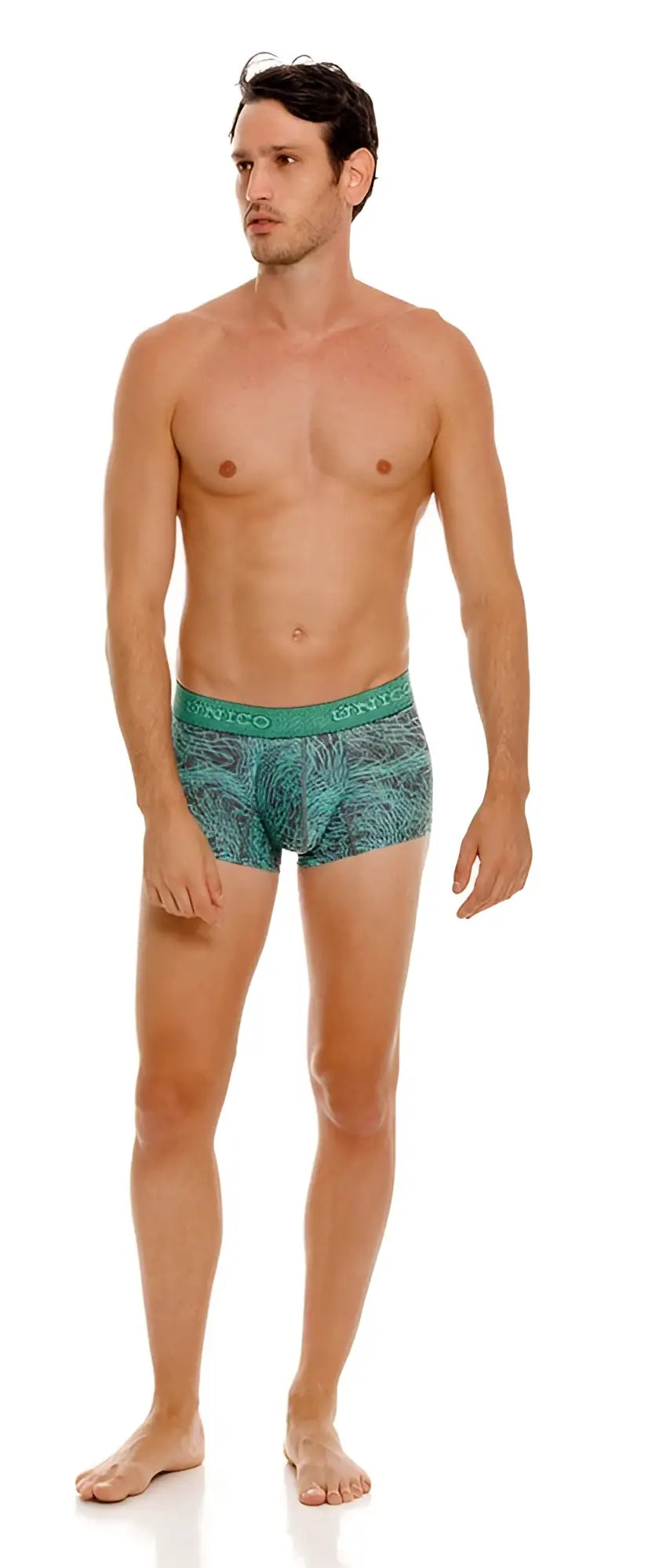 Unico 24080100105 cairel trunks in teal green with a subtle leaf pattern and elastic waistband for comfortable fit