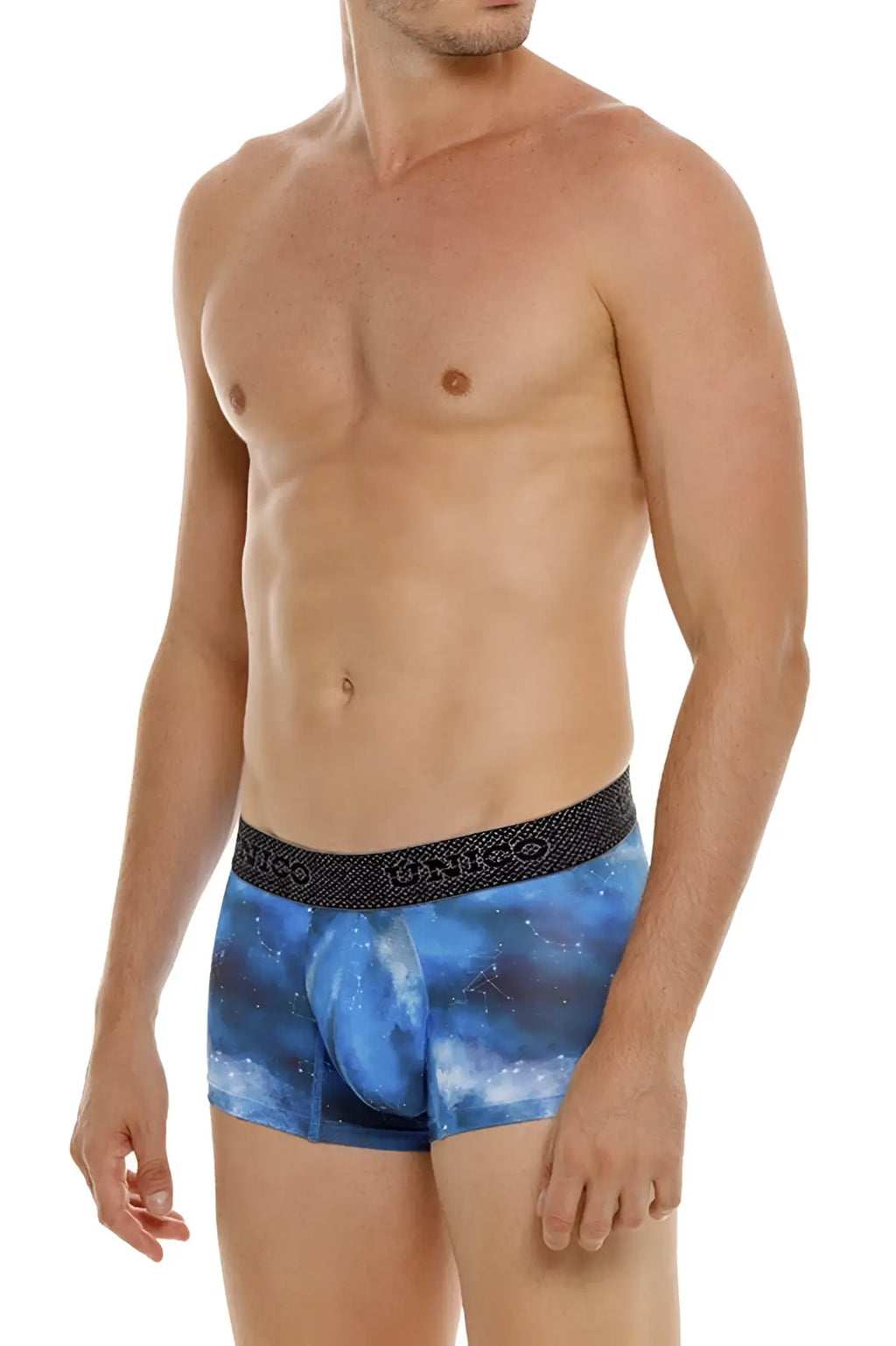 Blue galaxy-patterned men’s boxer briefs with black elastic waistband and unico brand name color 46-blue