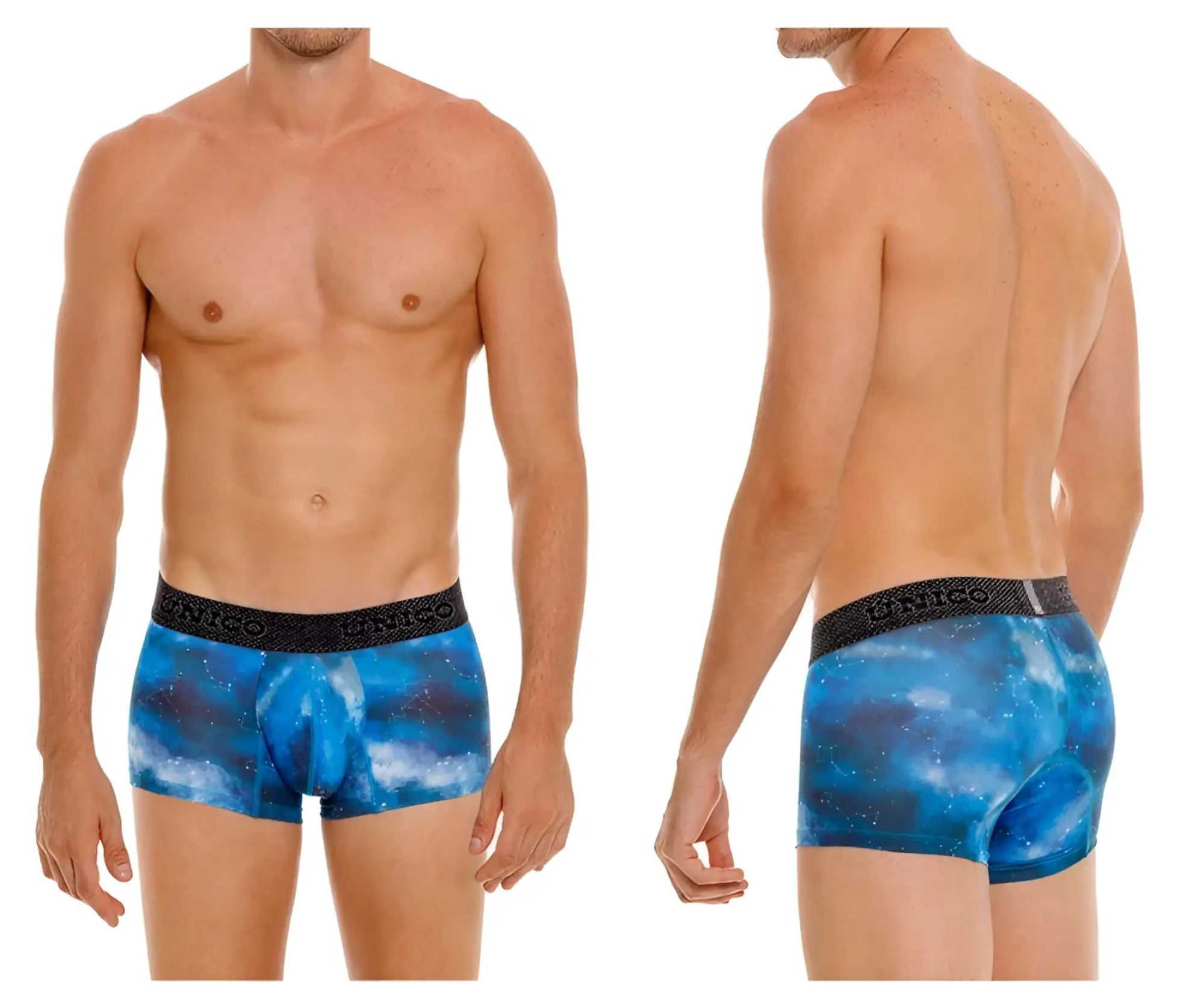 Blue galaxy-patterned men’s boxer briefs with black elastic waistband branded citrico unico 24080100110 infinito trunks