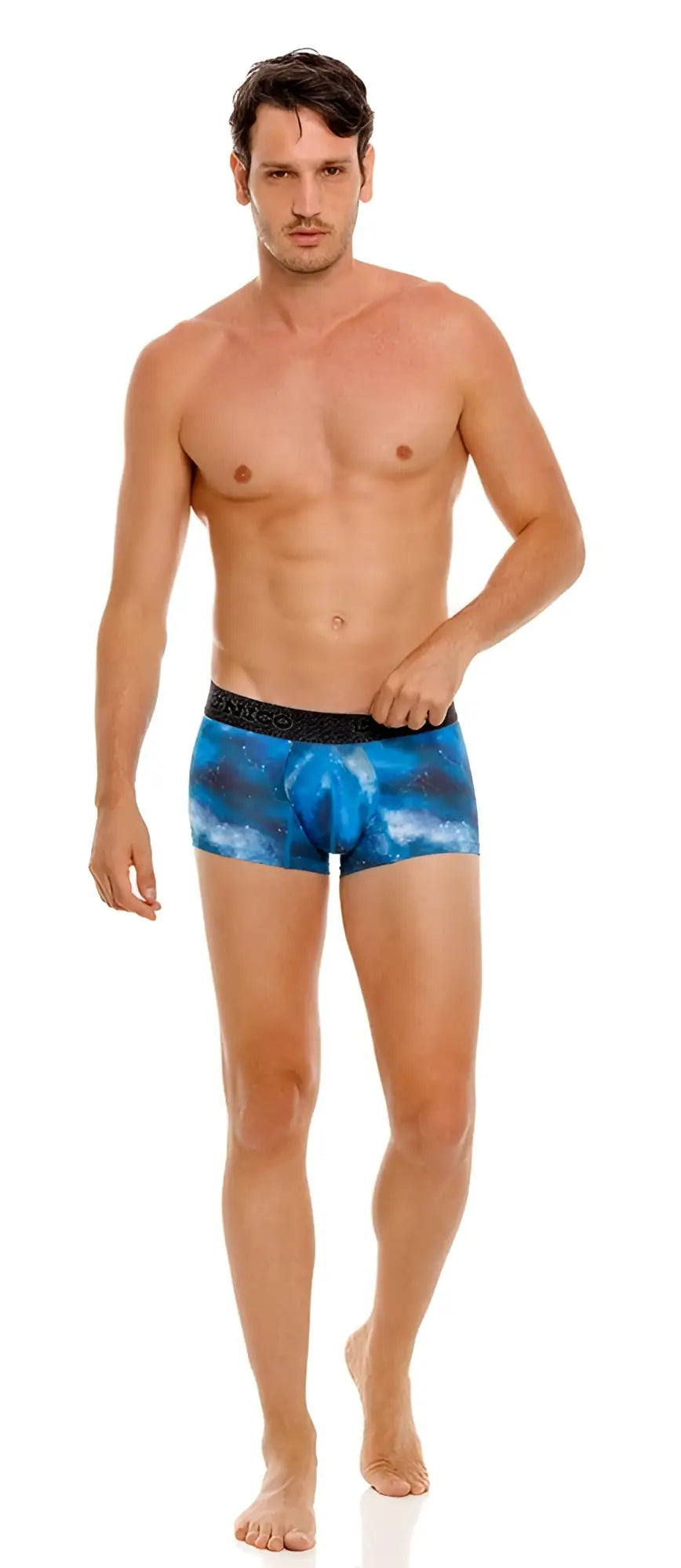 Unico 24080100110 infinito trunks men’s blue galaxy-patterned boxer briefs with black elastic waistband