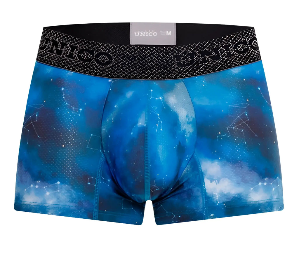 Blue galaxy-themed men’s boxer briefs with white star constellations and black unico branded waistband color 46-blue
