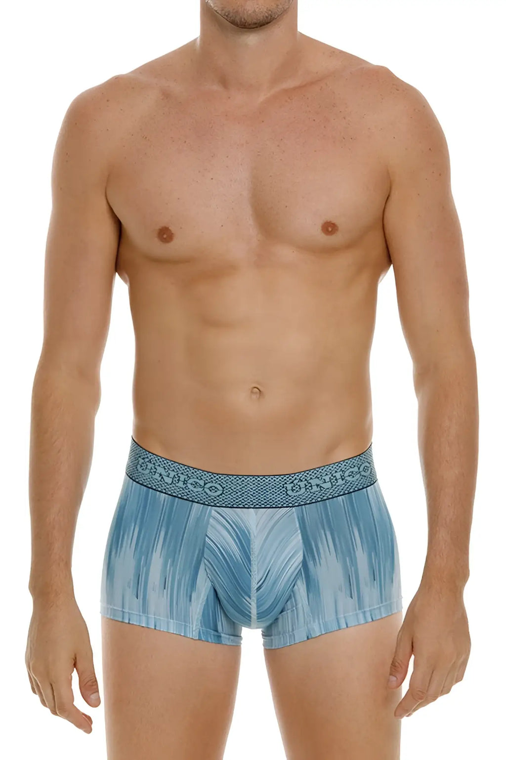 Unico 24080100112 Hilada light blue patterned boxer briefs with textured waistband featuring unico brand name