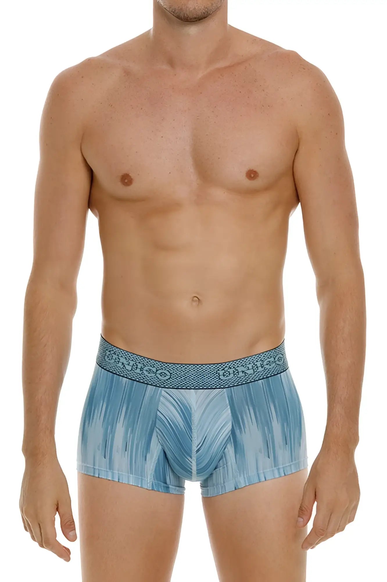 Unico 24080100112 Hilada light blue patterned boxer briefs with textured waistband featuring unico brand name