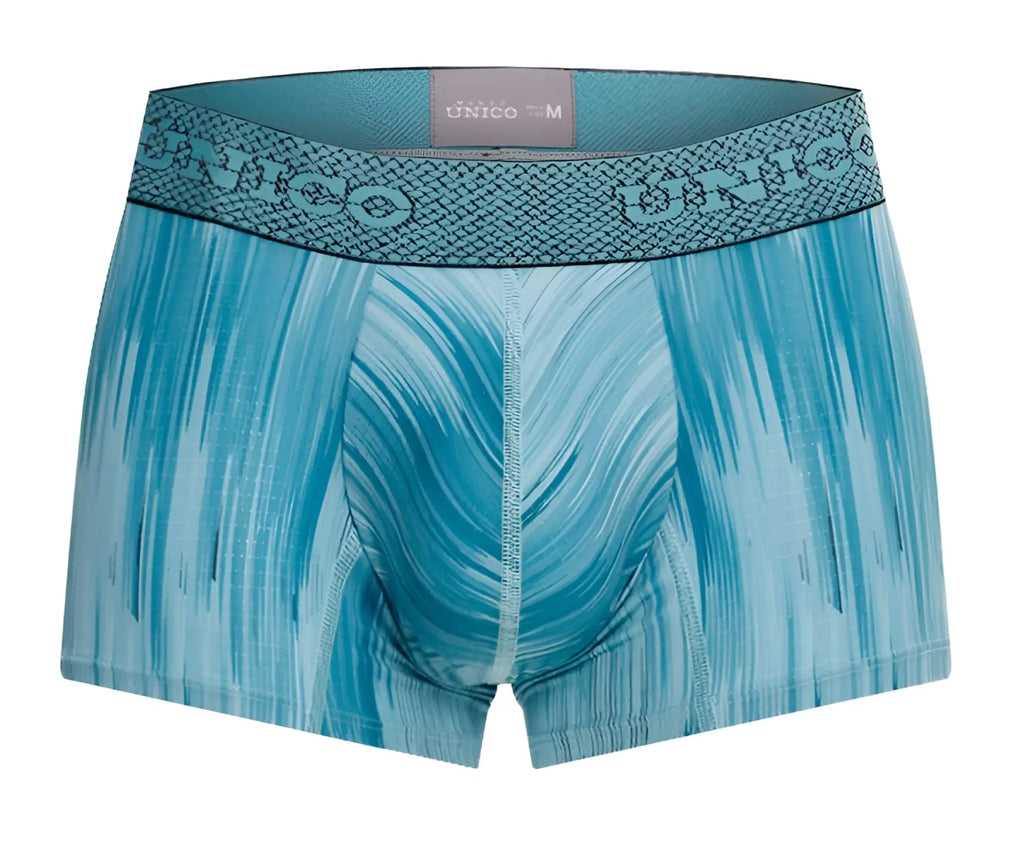 Blue patterned men’s boxer briefs with a textured unico waistband in color 43 blue, model hilada trunks 24080100112