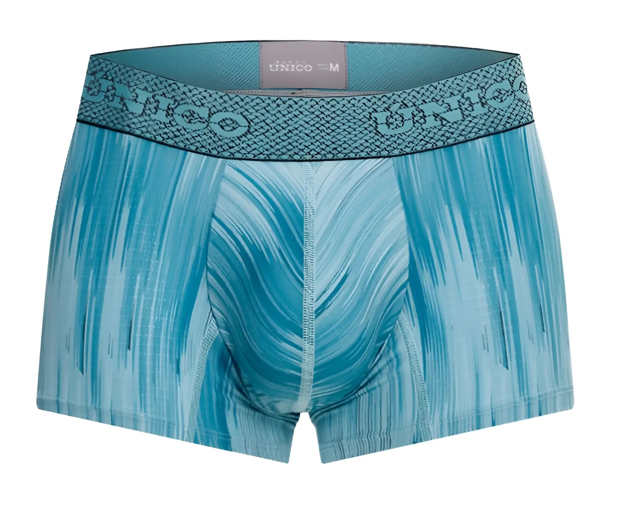 Blue patterned men’s boxer briefs with a textured unico waistband in color 43 blue, model hilada trunks 24080100112