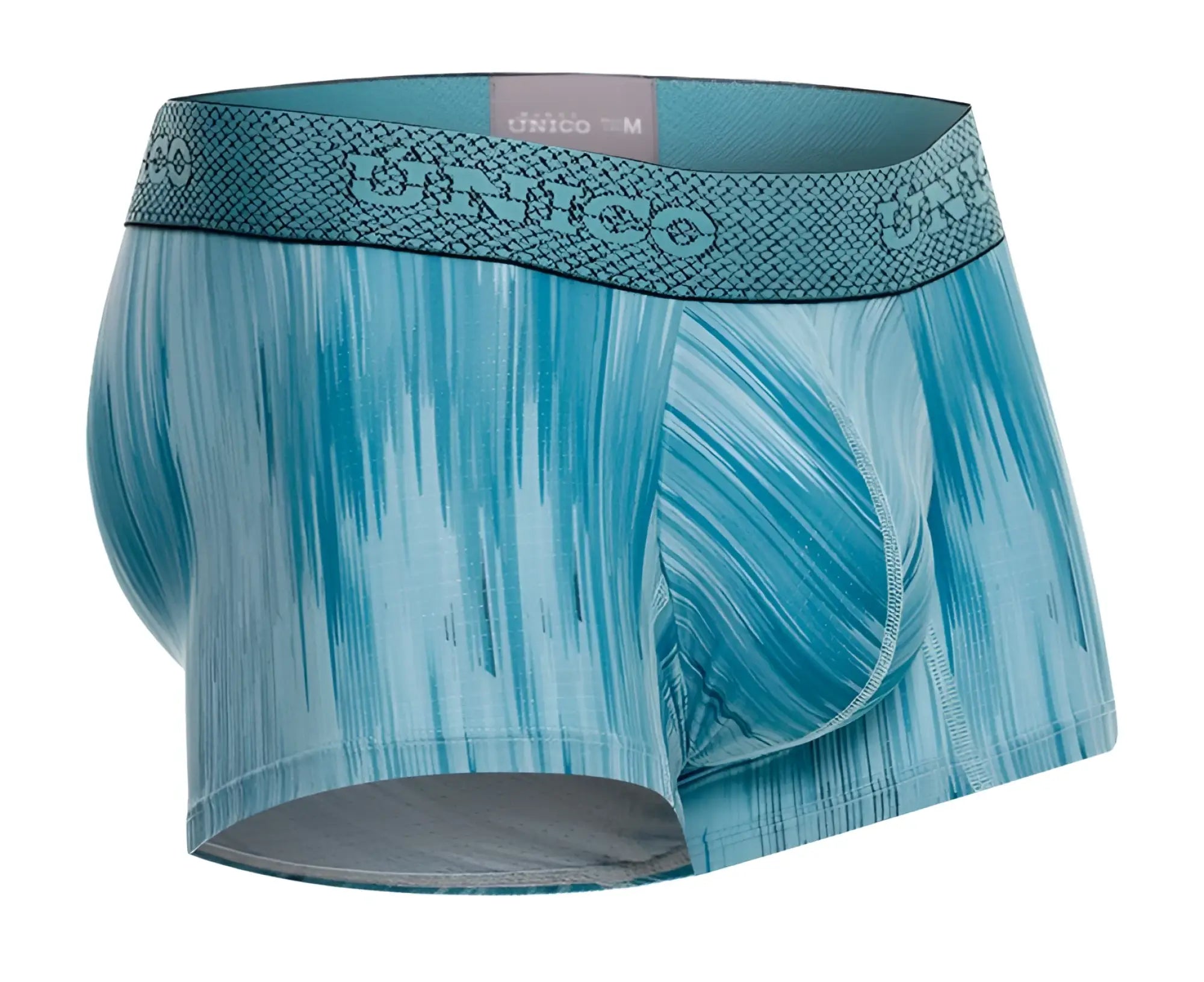 Teal and light blue abstract patterned men’s briefs with textured waistband featuring unico logo in hilada trunks color 43-blue