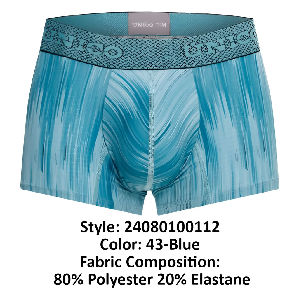 Teal blue patterned unico 24080100112 hilada trunks boxer briefs with textured waistband and unico logo