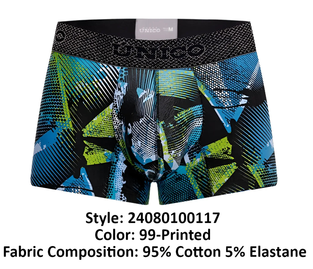 Unico 24080100117 Trino trunks boxer briefs in black blue and lime green with abstract pattern and textured unico waistband