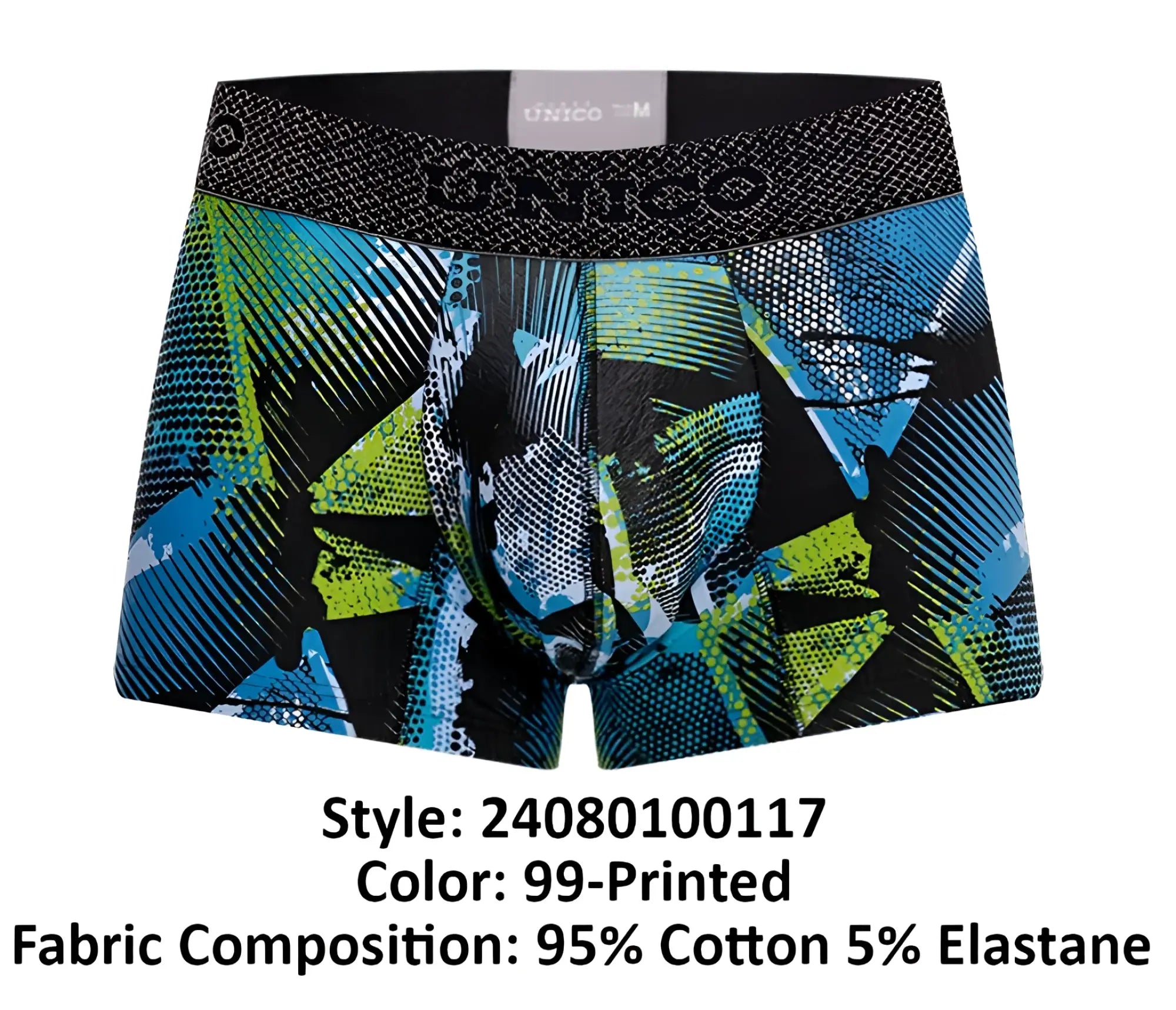 Unico 24080100117 Trino trunks boxer briefs in black blue and lime green with abstract pattern and textured unico waistband