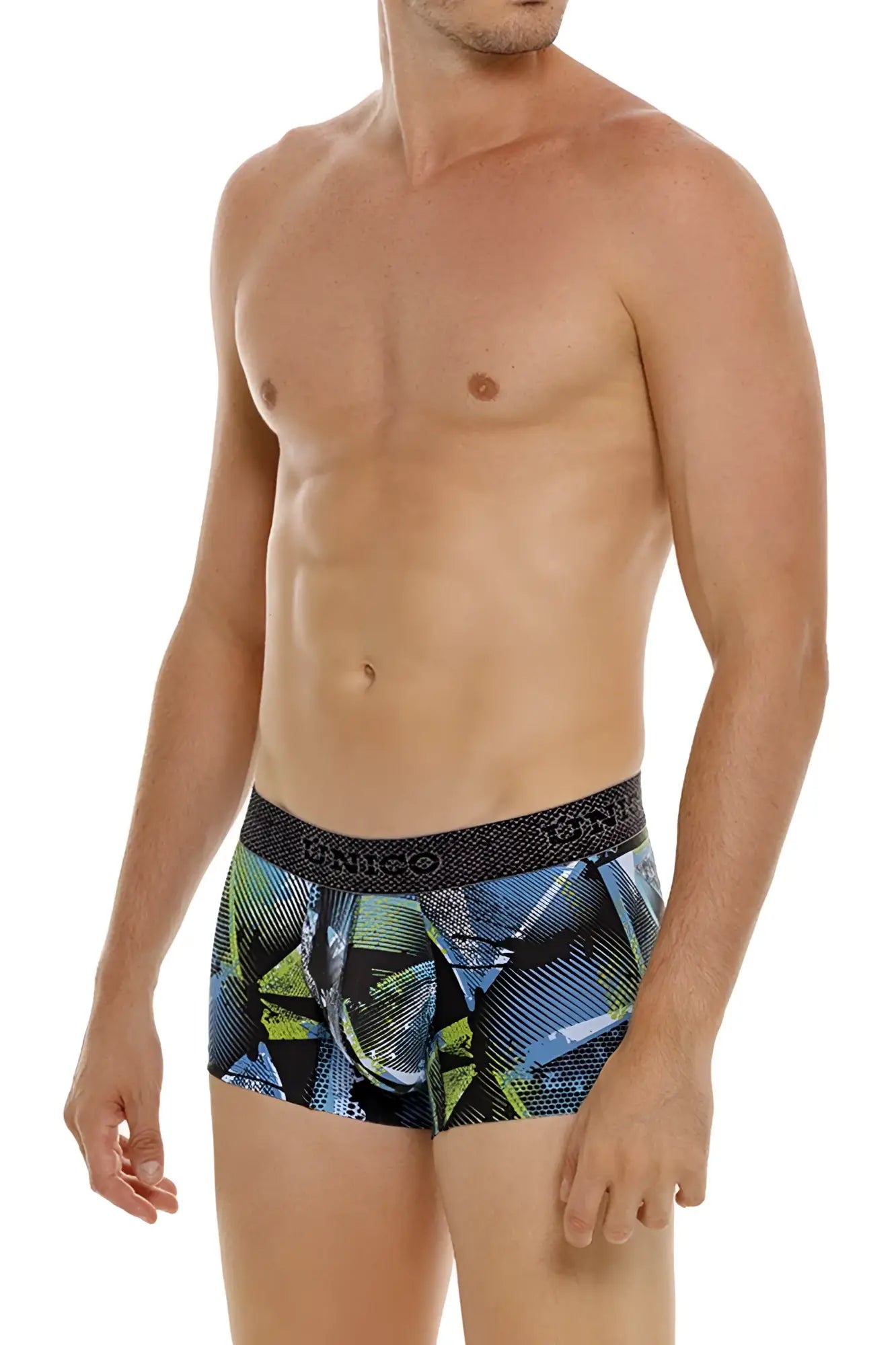 Blue and green geometric patterned men’s unico 24080100117 trino trunks boxer briefs with black unico waistband