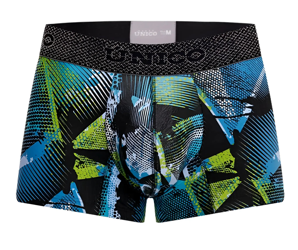 Unico 24080100117 Trino trunks printed blue and green geometric mens boxer briefs with black waistband