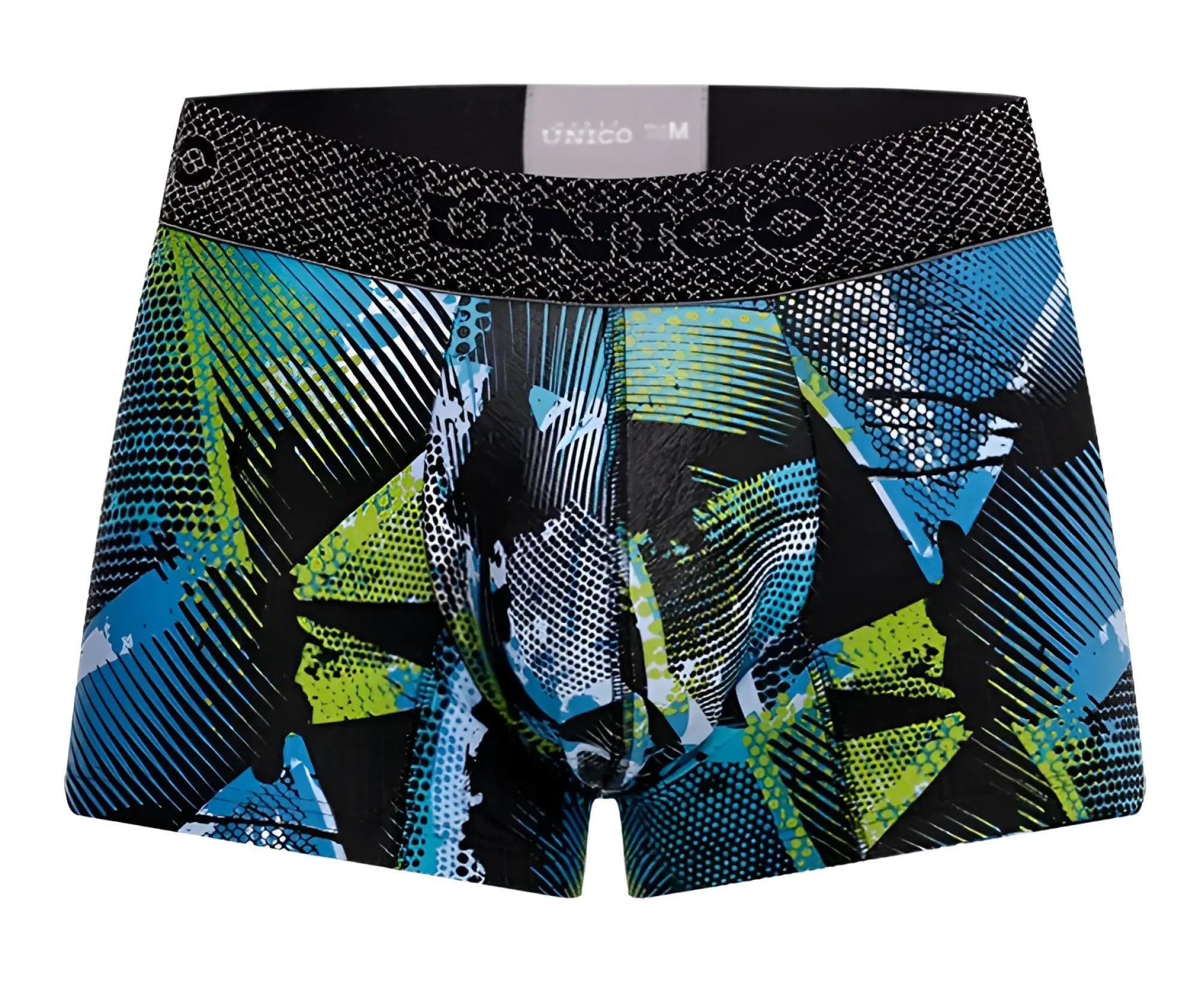 Unico 24080100117 Trino trunks printed blue and green geometric mens boxer briefs with black waistband