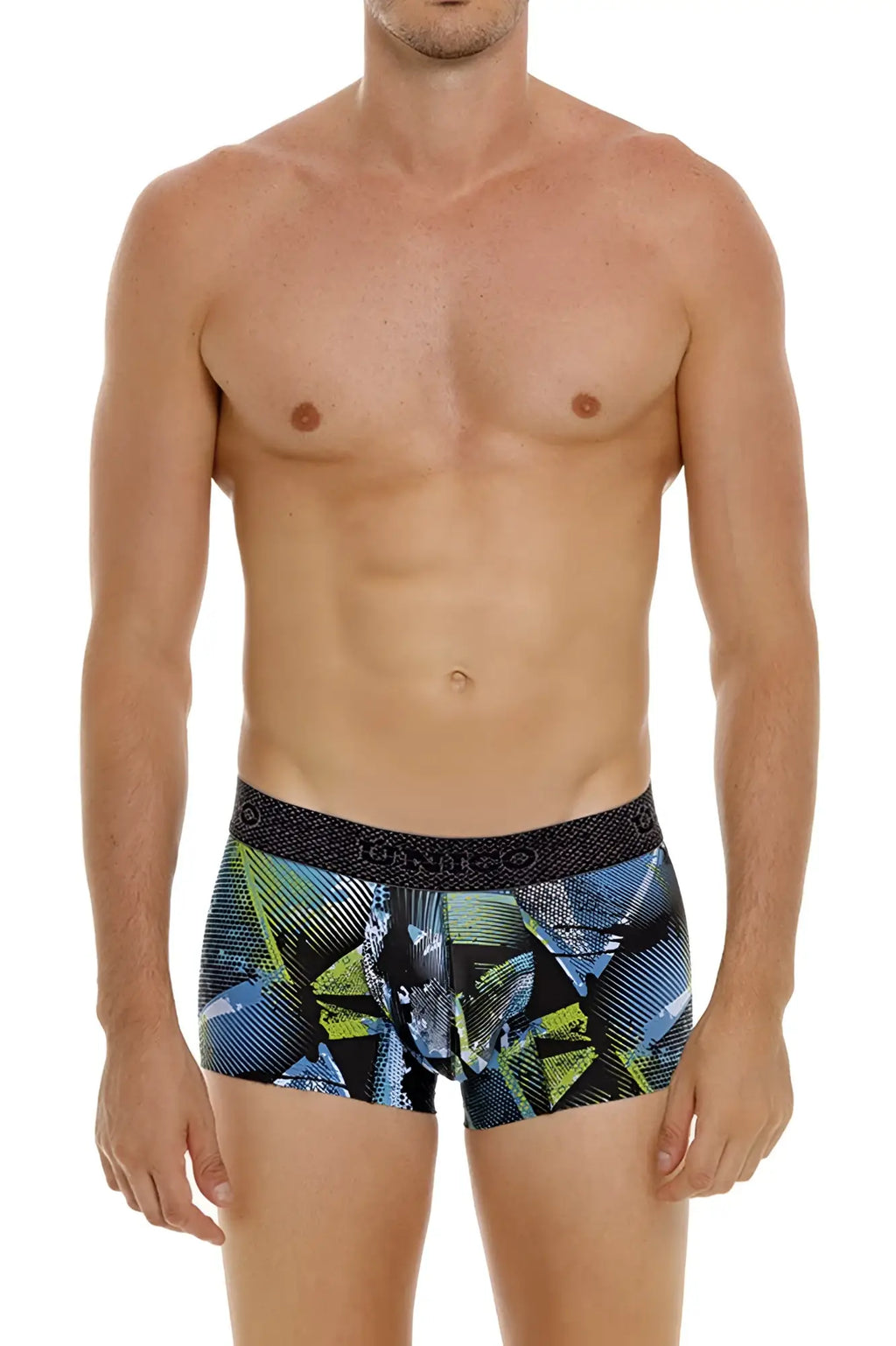 Blue and green geometric patterned men’s boxer briefs with black elastic waistband branded unico 24080100117 trino trunks