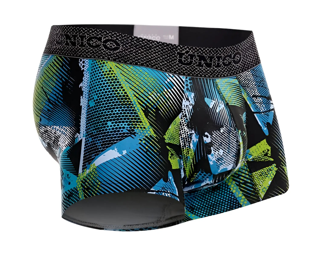 Unico 24080100117 trino trunks men’s boxer briefs with bold teal lime green abstract pattern and textured waistband