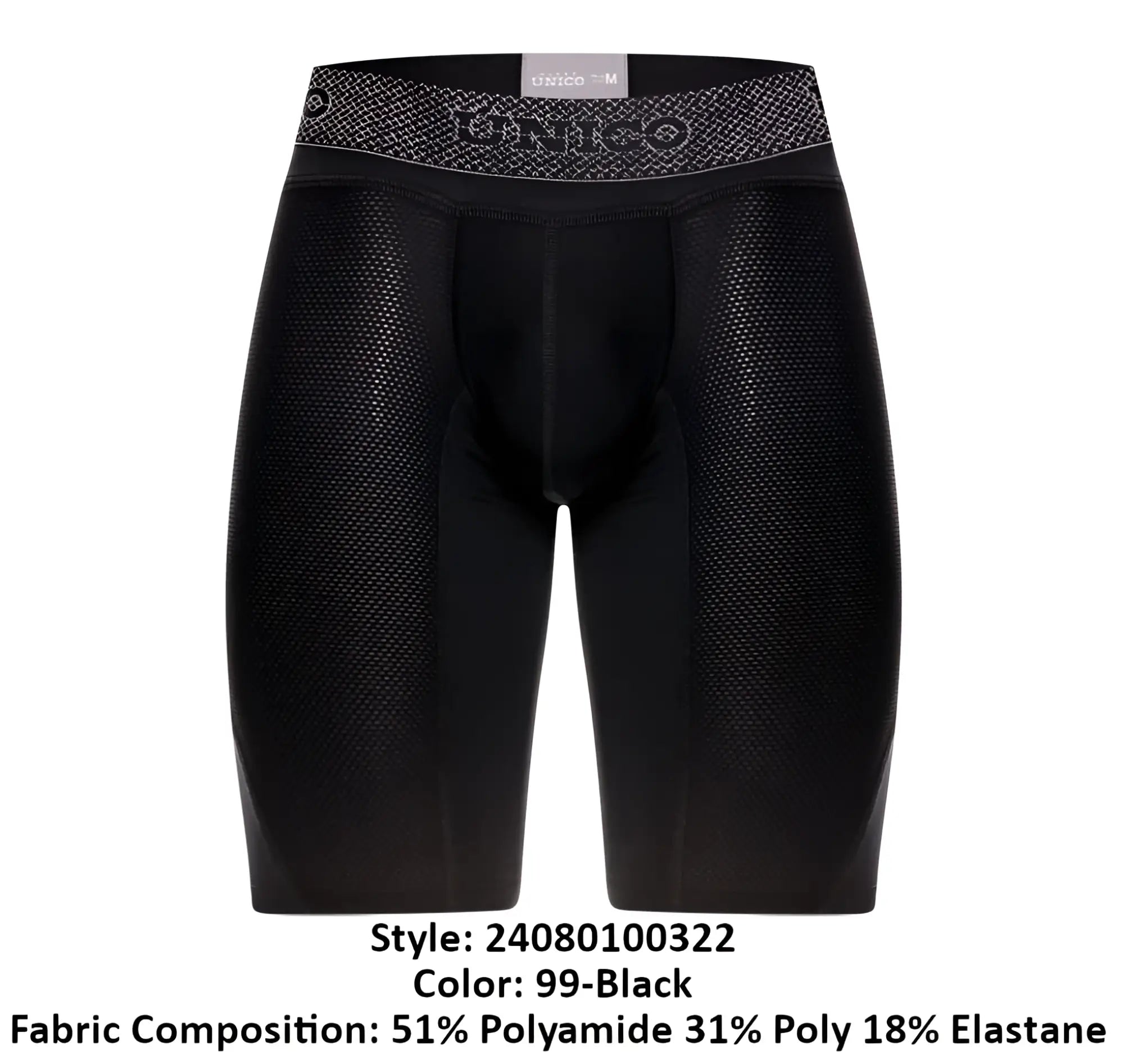 Black unico 24080100322 ardid boxer briefs with textured mesh fabric and patterned waistband front side view