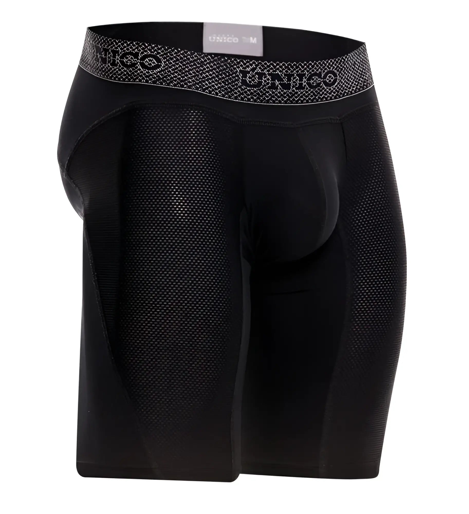 Black mesh unico ardid boxer briefs with gray patterned onico waistband in black color for comfortable wear