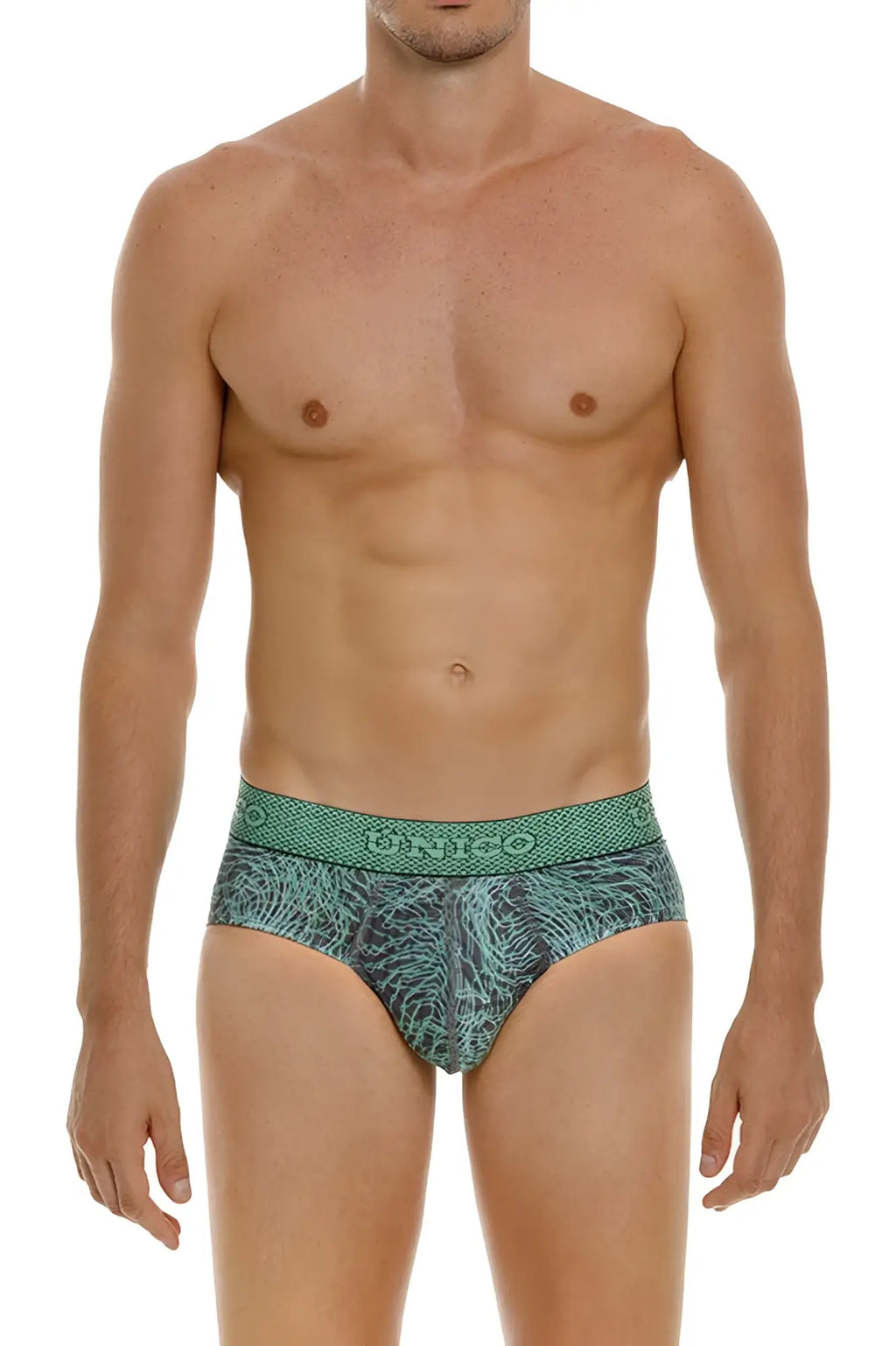 Green patterned unico 24080101105 cairel briefs with textured abstract design and unisco waistband branding