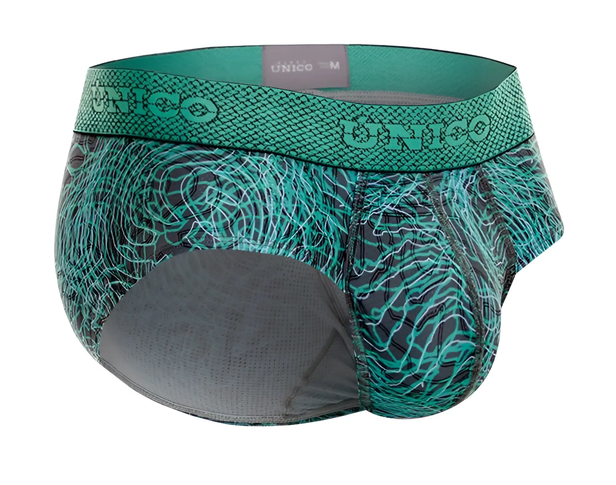 Teal and black patterned unico mens briefs with textured waistband in green color for comfortable everyday wear