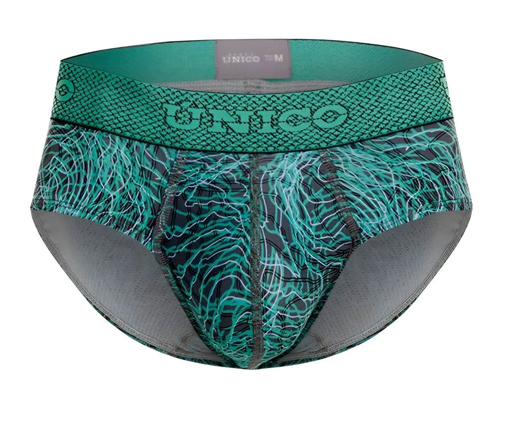 Unico 24080101105 cairel briefs in teal and black patterned textured web-like design for men
