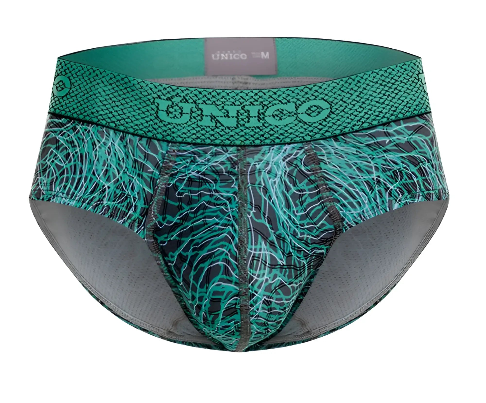 Unico 24080101105 cairel briefs in teal and black patterned textured web-like design for men