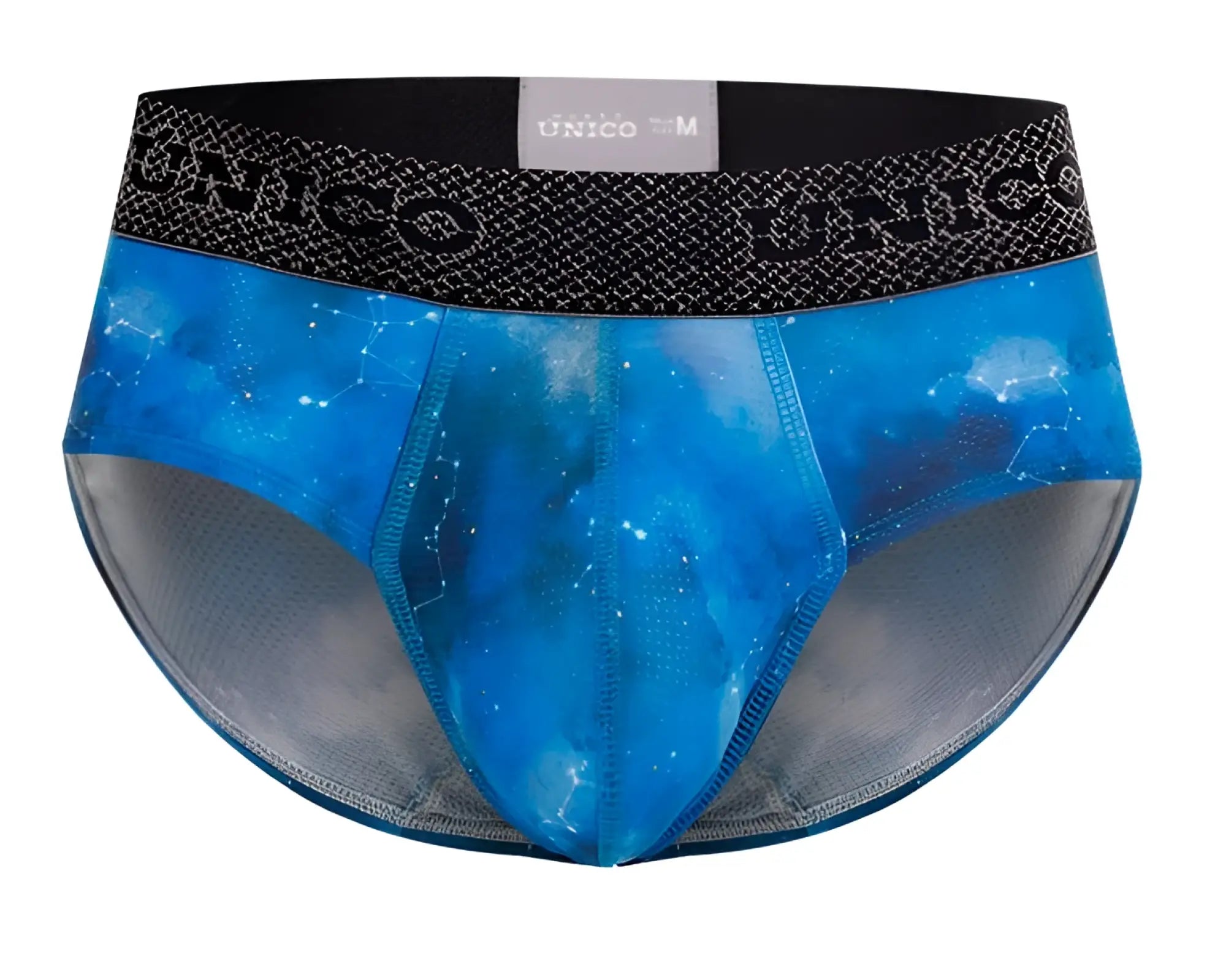Blue cosmic-themed men’s briefs with a black unico waistband and size label in color 46 blue