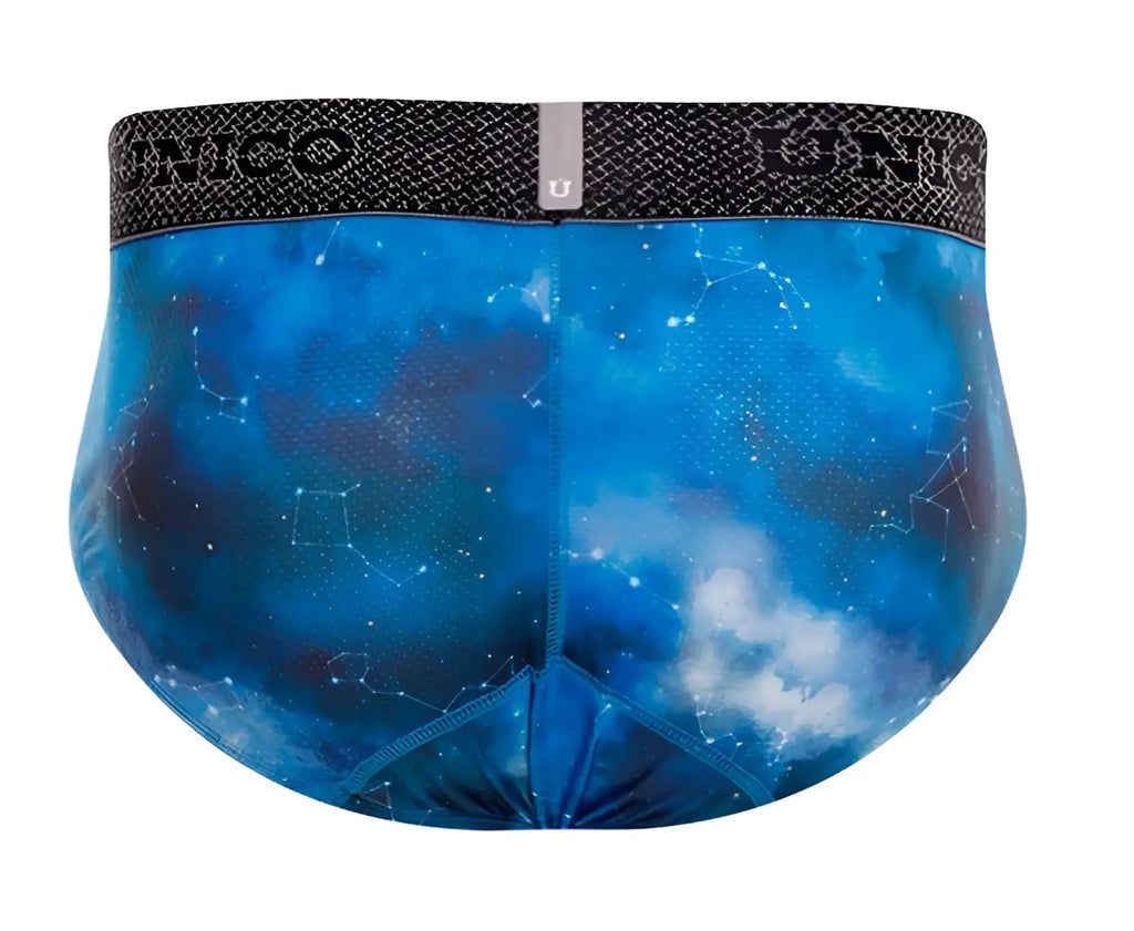 Blue cosmic-themed men’s briefs with star constellations nebula patterns and black unico branded waistband