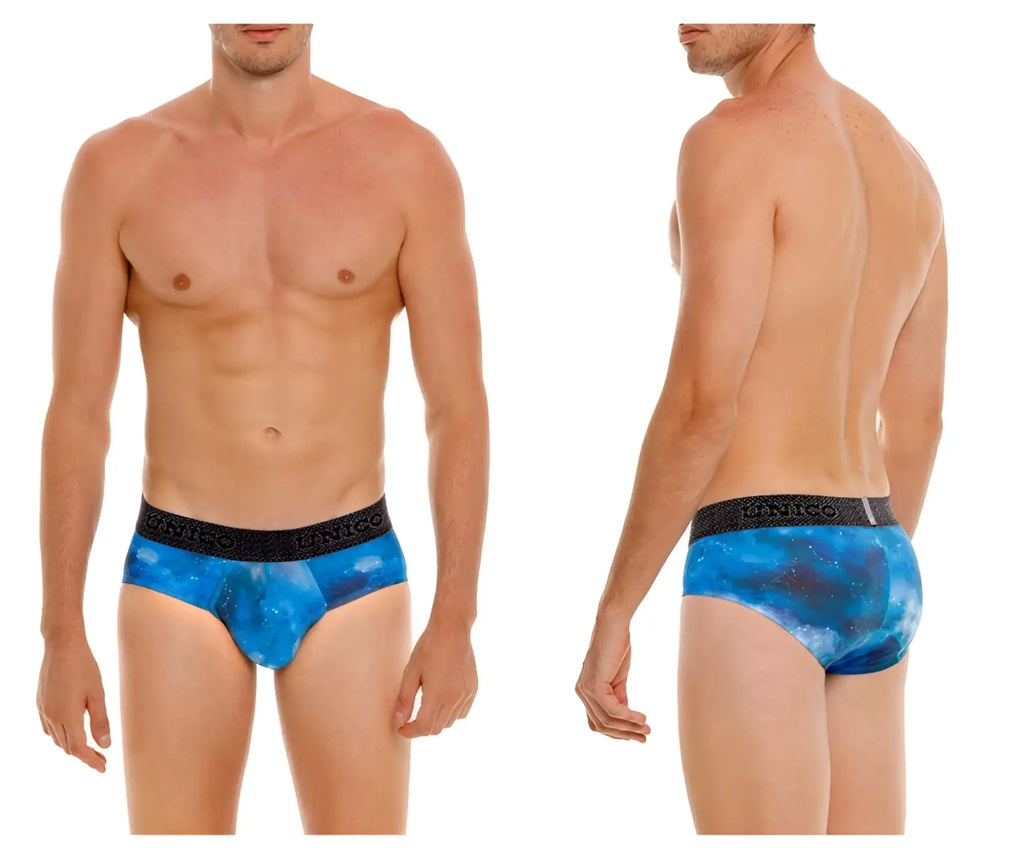 Blue galaxy patterned men’s briefs with black elastic waistband featuring Unico brand name model 24080101110